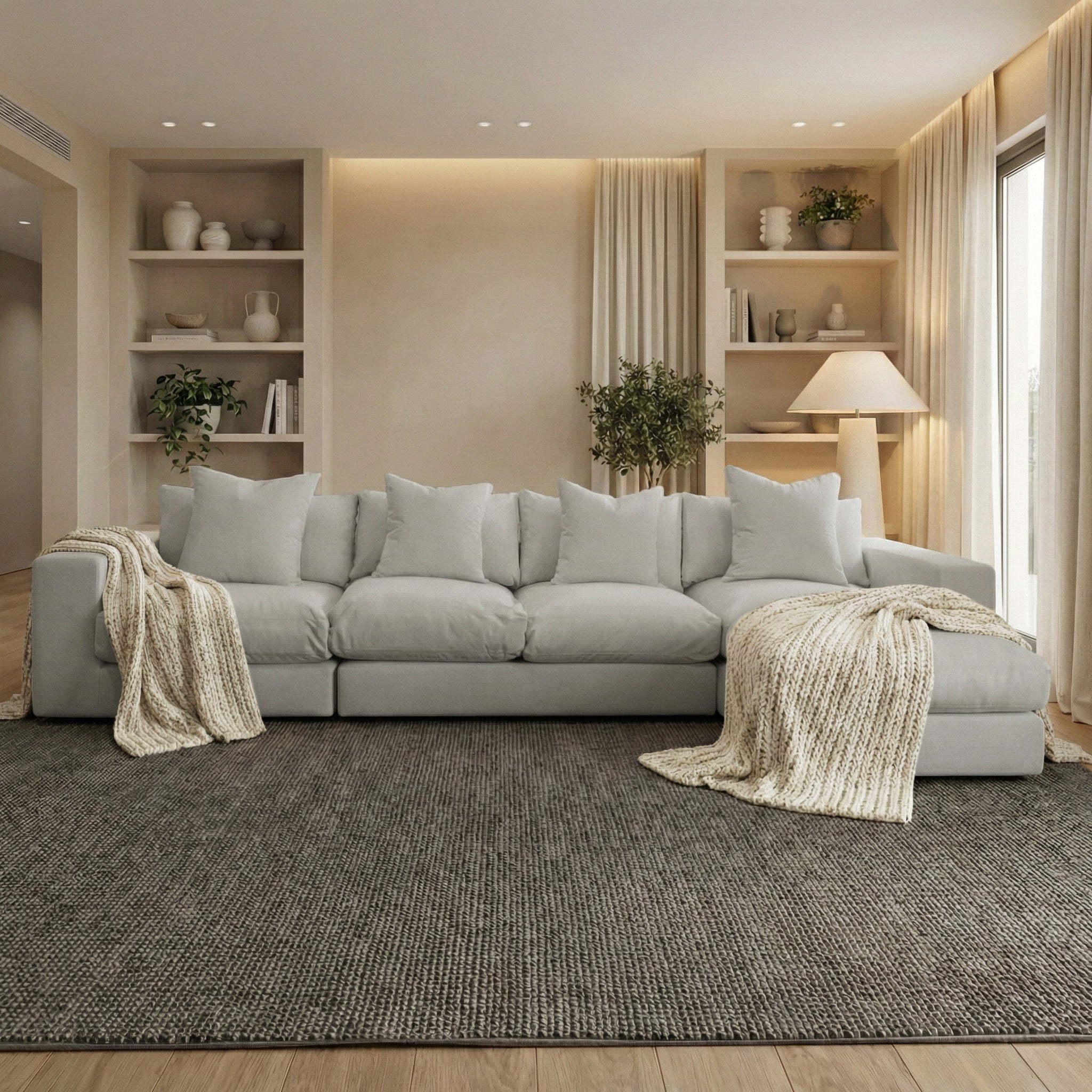 A modern living room with the Hampshire Modular 4 Seat Sofa in Classic Grey, featuring duck feather cushions, cozy throw blankets, and built-in shelves adorned with decor.
