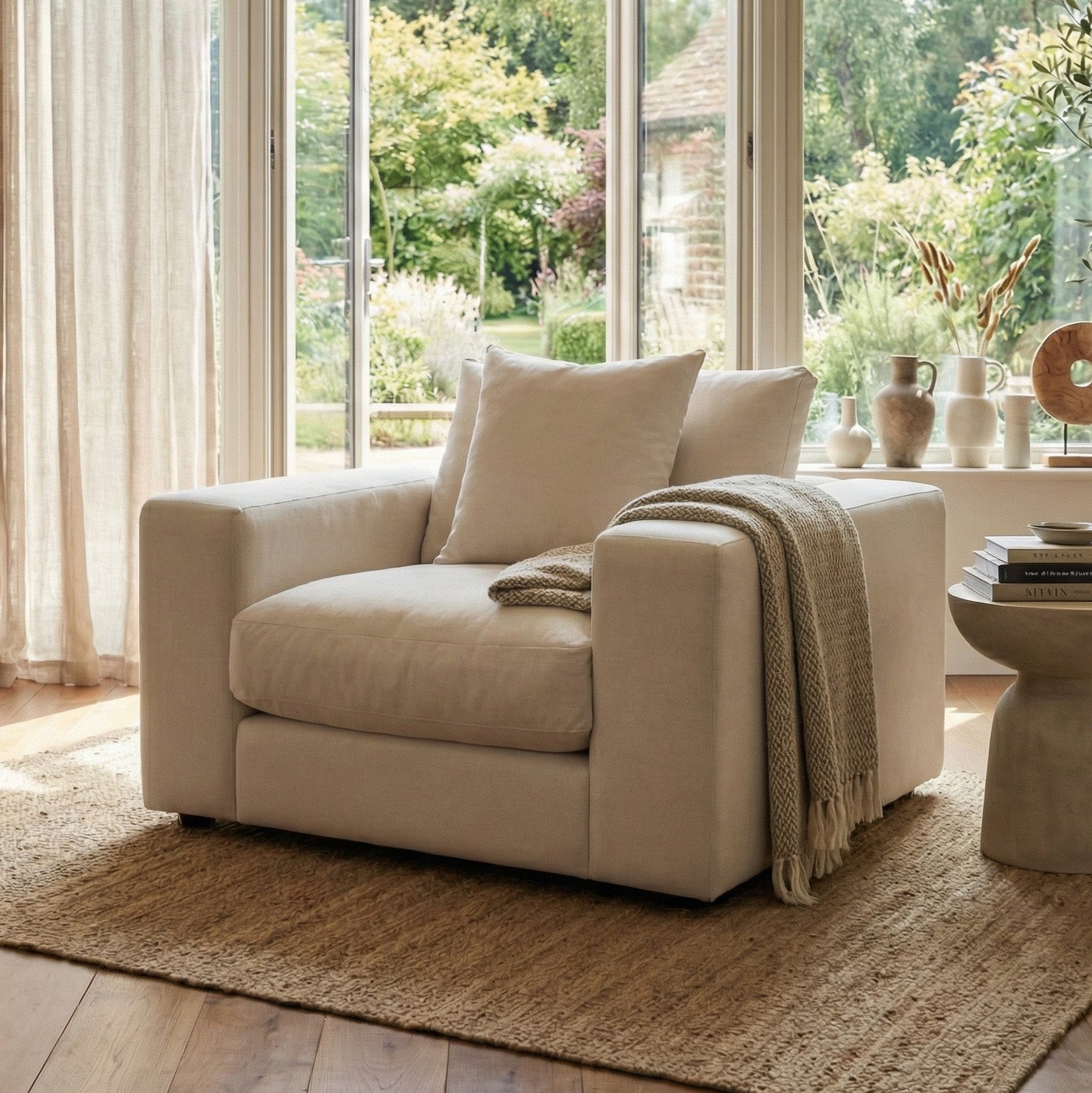 The Hampshire Modular Armchair in Beige, adorned with plush duck feather cushions, pillows, and a blanket, is placed by expansive windows with views of a lush green garden.