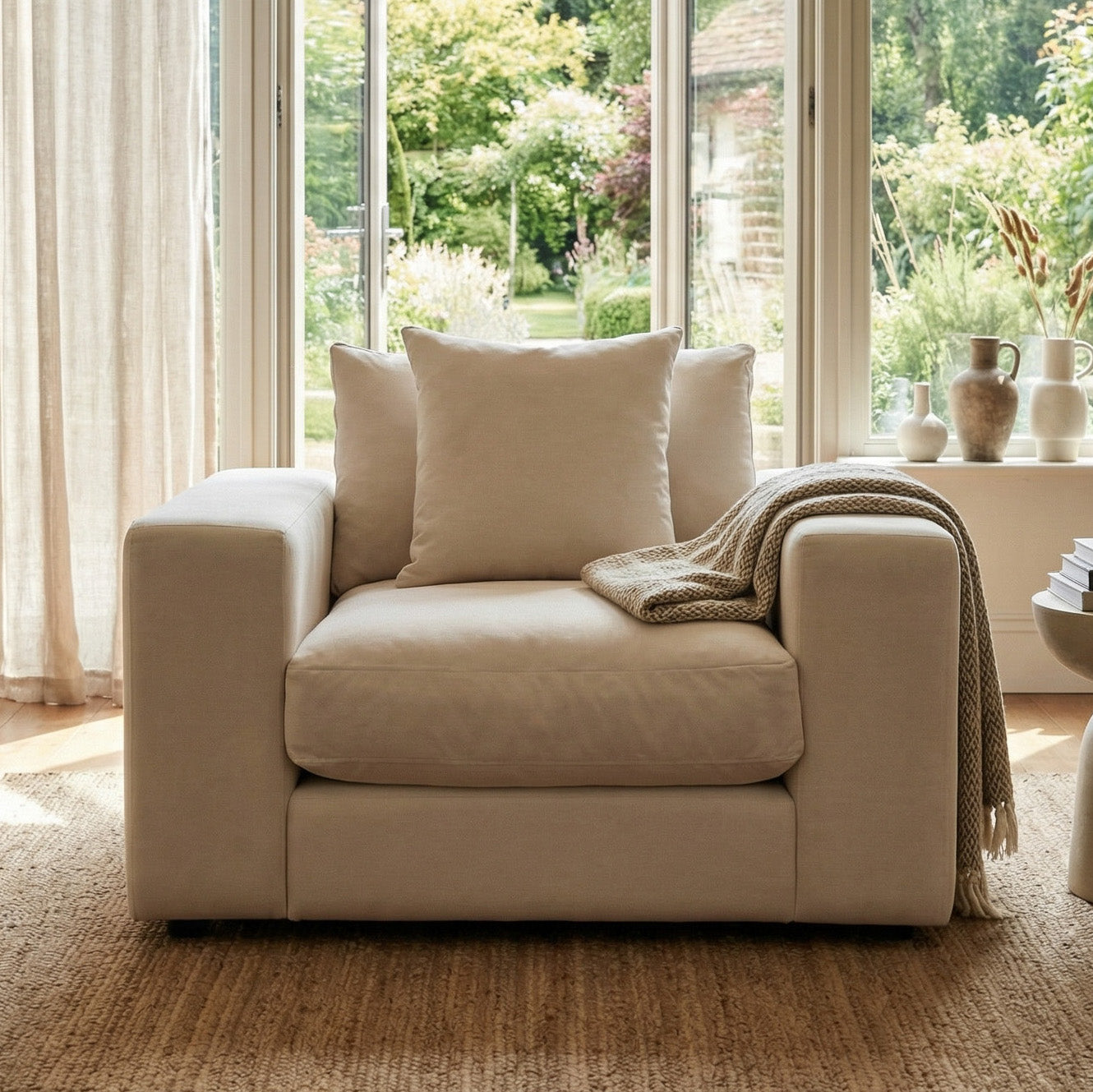 The Hampshire Modular Armchair in Beige, featuring plush duck feather cushions and a cozy knitted throw, is set before expansive windows with views of a lush green garden.