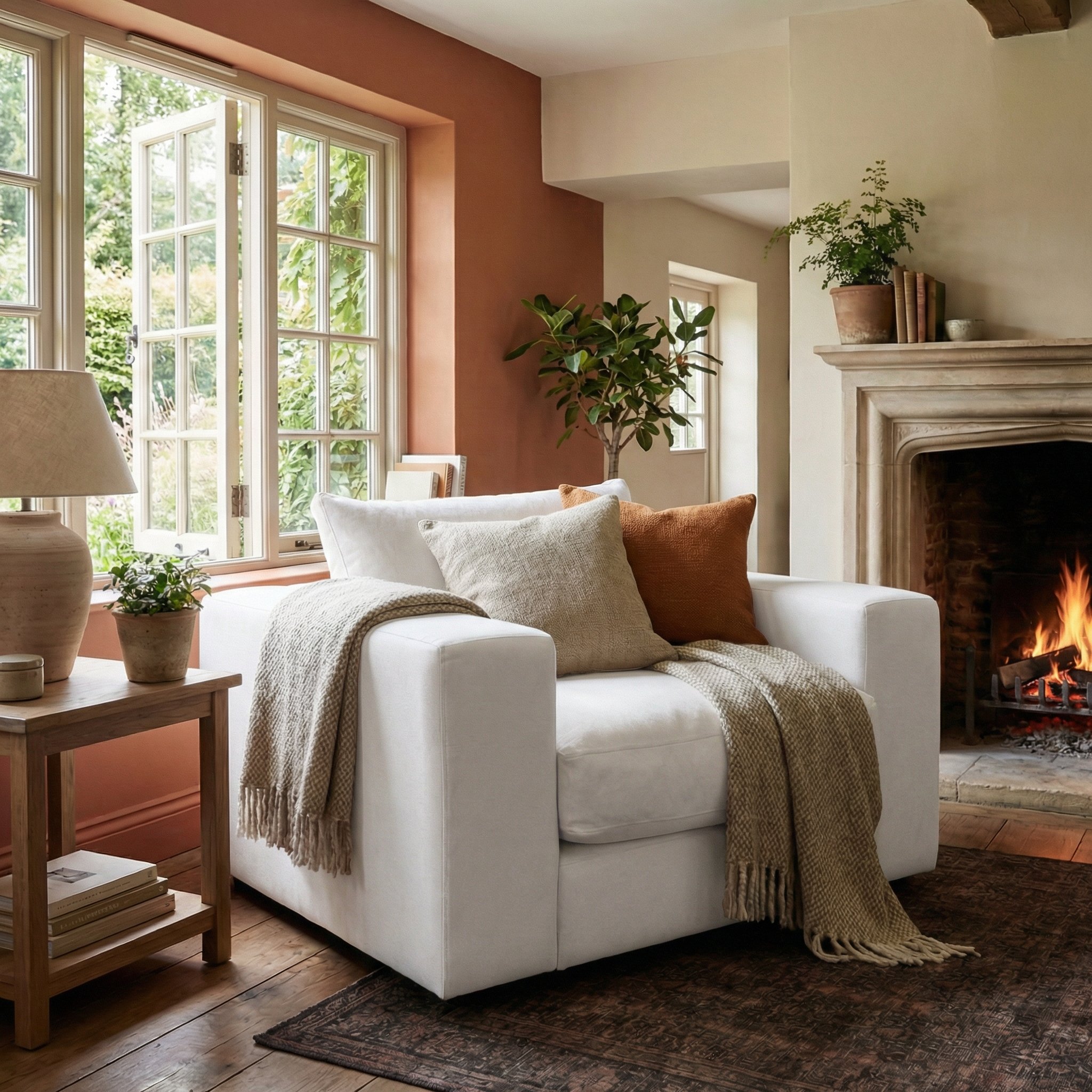 Cozy living room with a Hampshire Modular Armchair in Ivory, handmade in England, duck feather and down cushions, a soft throw, fireplace, plants, and an open window letting in natural light.