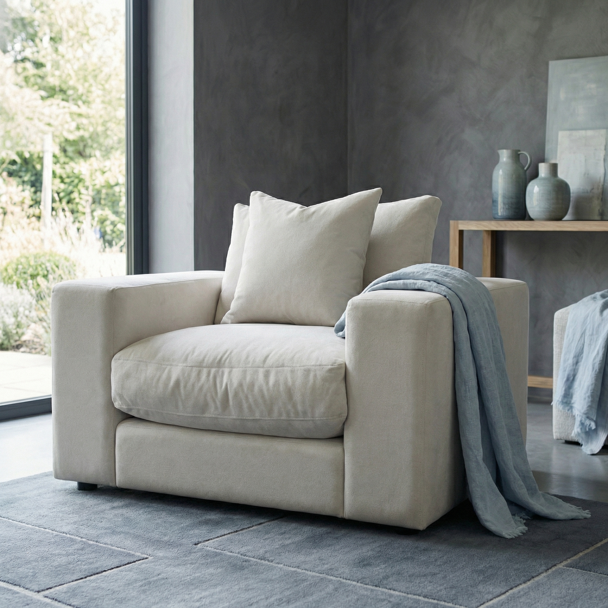 A spacious Hampshire Modular Armchair in warm grey, featuring plush duck feather cushions, is styled with accent pillows and a blue throw blanket in a modern living room.