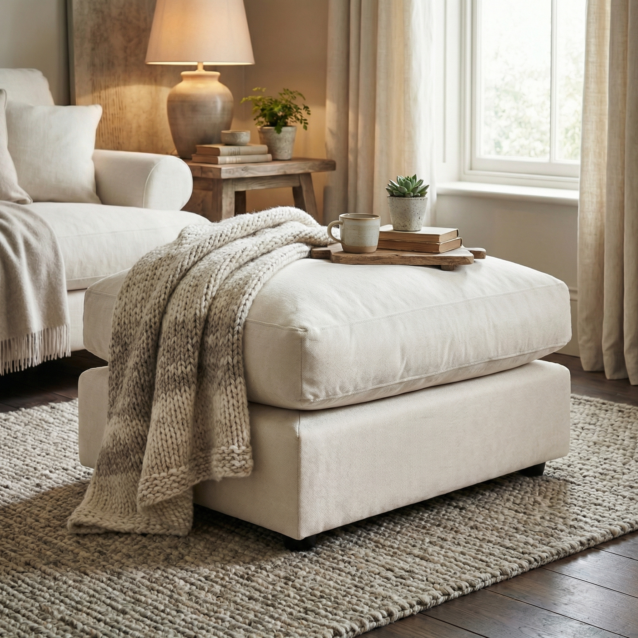 A cozy living room featuring the Hampshire Modular Footstool in Ivory, paired with a knit blanket, tray of mugs, and a potted plant by the window.