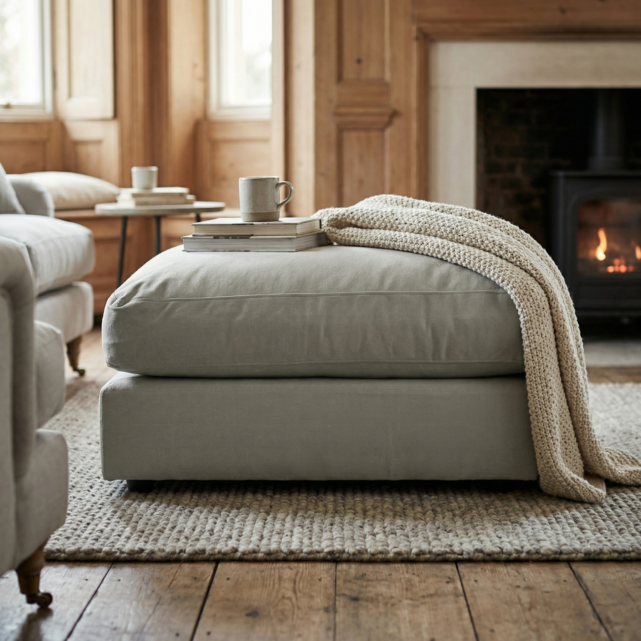 The Hampshire Modular Footstool in Classic Grey sits with a knit throw, stacked books, and a mug in a cozy living room with a fireplace, handmade in England.