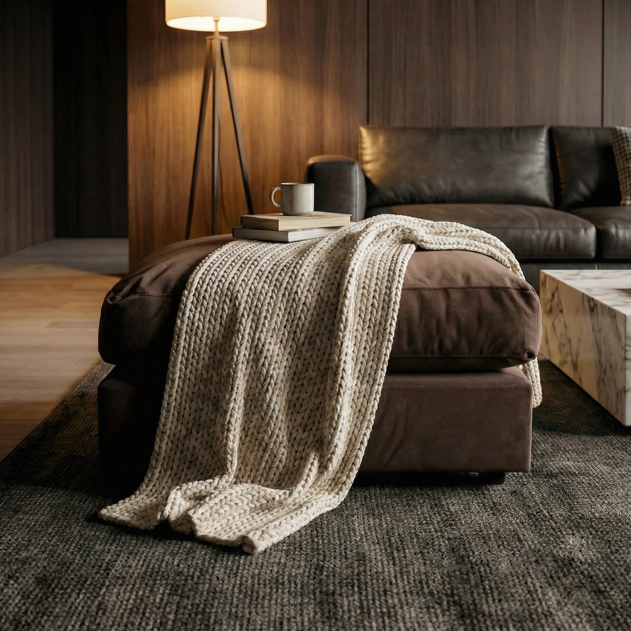 A cozy living room with a knit throw on the Hampshire Modular Footstool in Cocoa, books, a mug, and a floor lamp.