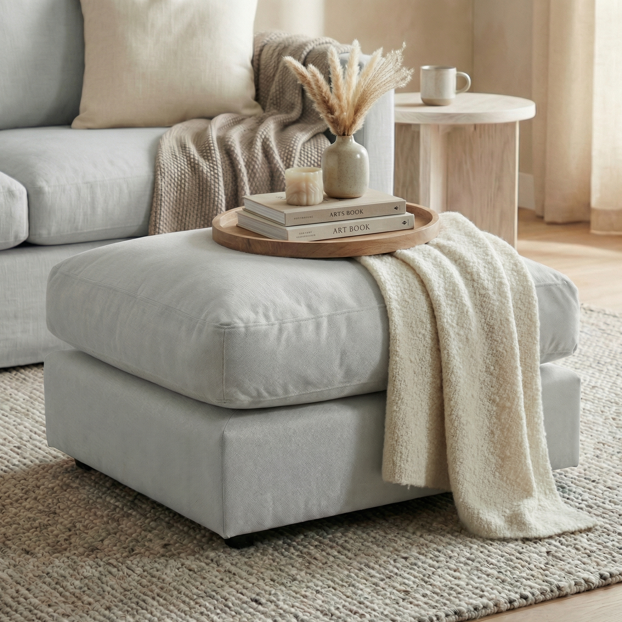 The Hampshire Modular Footstool in Dove Grey, topped with a beige throw, books, dried flowers, and a mug on a wooden tray, adds comfort to a cozy living room.