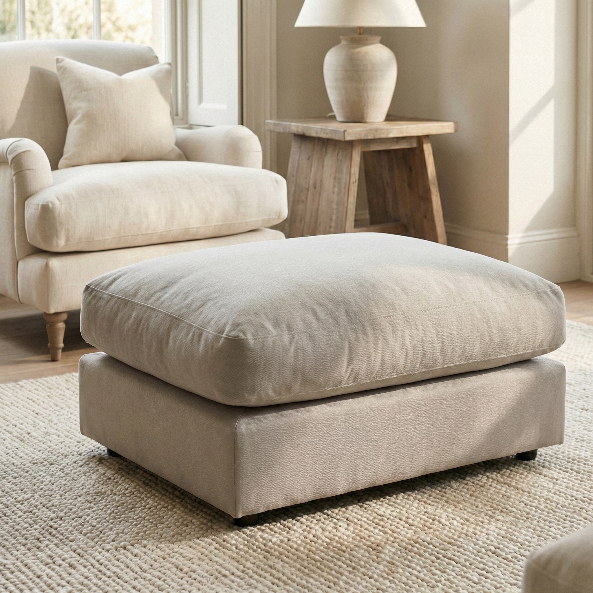 A Hampshire Modular Footstool in Warm Grey, handmade in England with linen-effect fabric, rests on a textured rug amid neutral furniture and soft lighting in a cozy living room.
