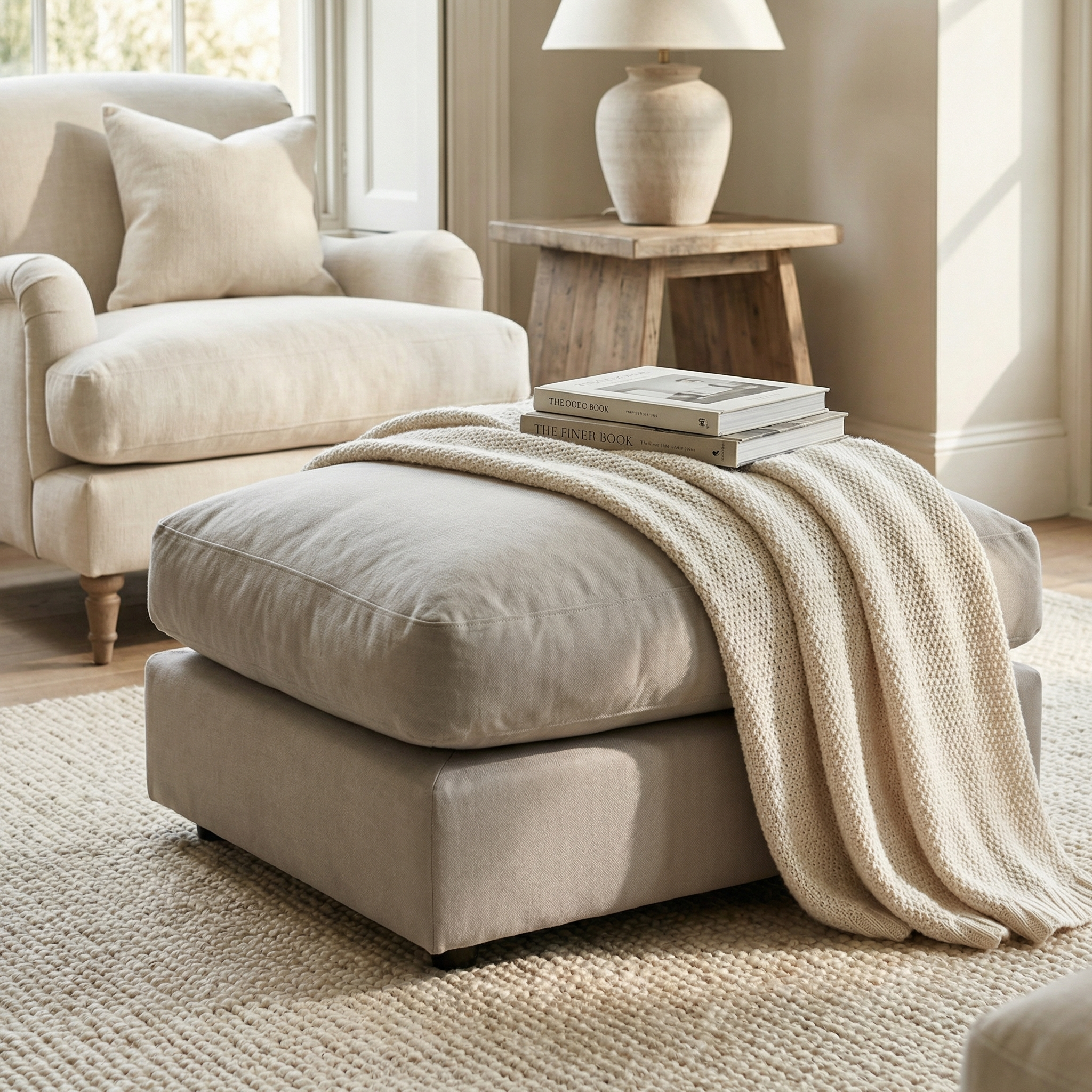Warm grey Hampshire Modular Footstool in linen-effect fabric, styled with a knit blanket and books, set in a cozy, sunlit living room featuring neutral décor.