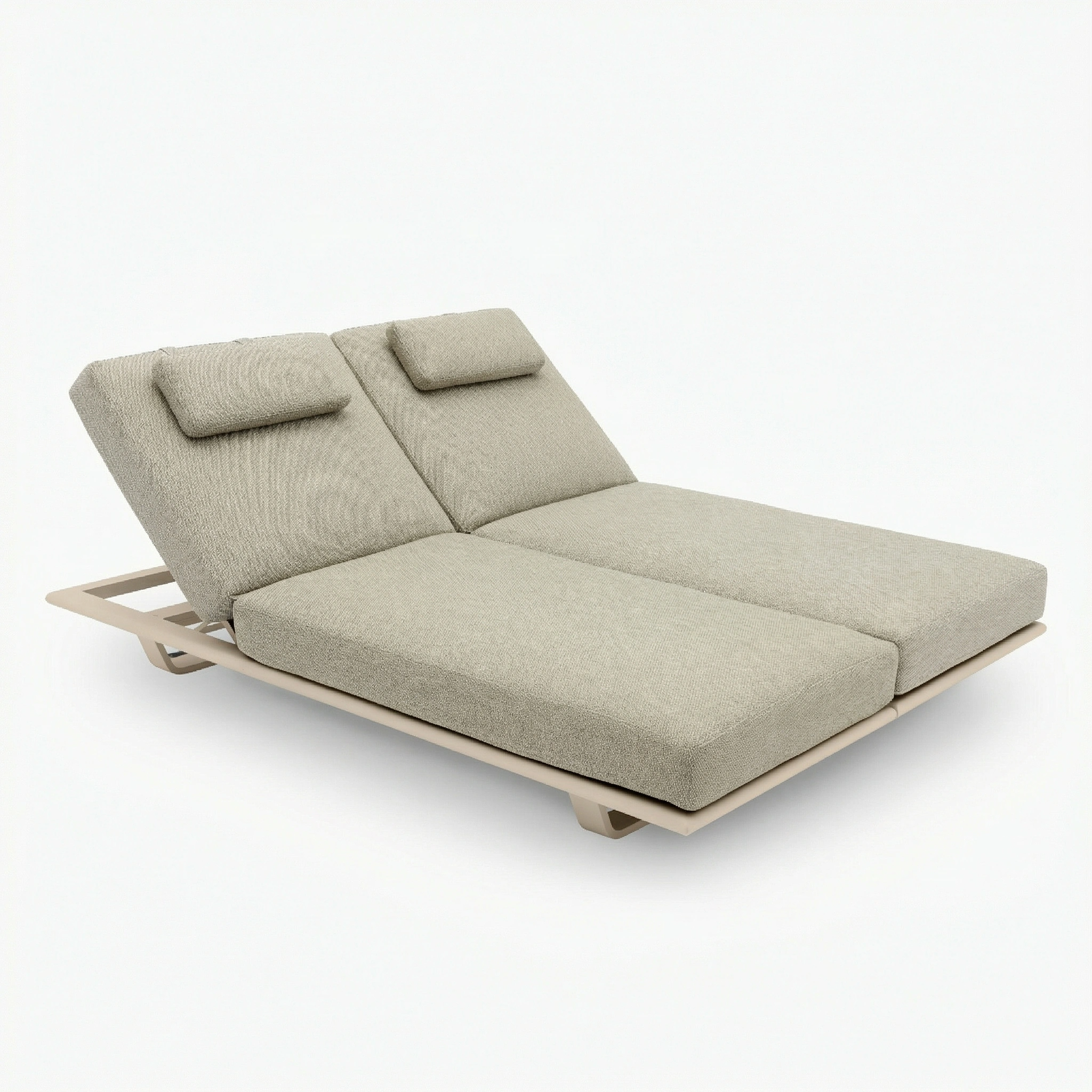 The Hatia Double Sun Lounger in Latte features adjustable backrests and headrests on a low, minimalist frame, complete with Olefin cushions for outdoor comfort.