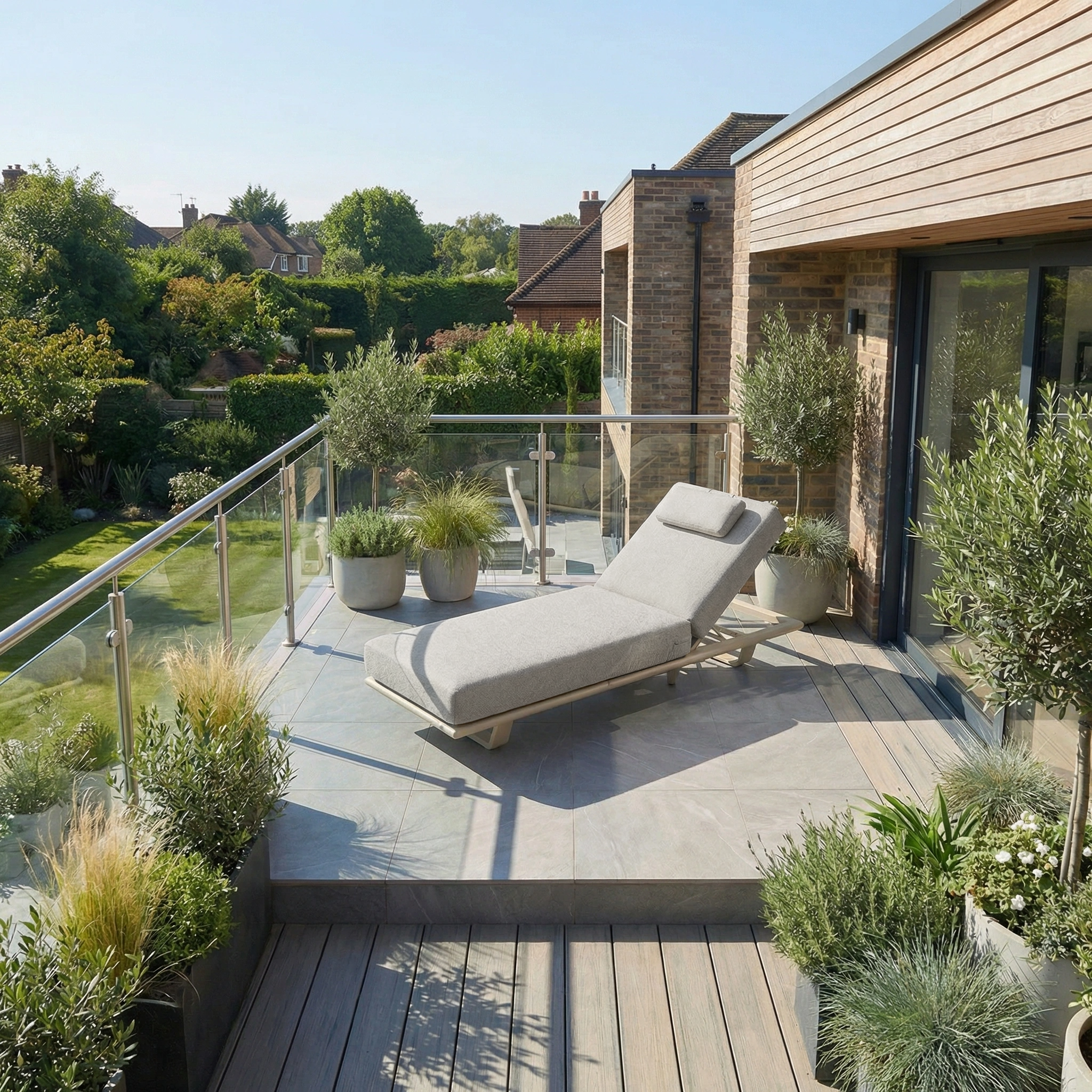 Modern patio with the Hatia Single Sun Lounger in Latte, a UV-resistant gray lounge chair, potted plants, glass railing, and views of a green garden.