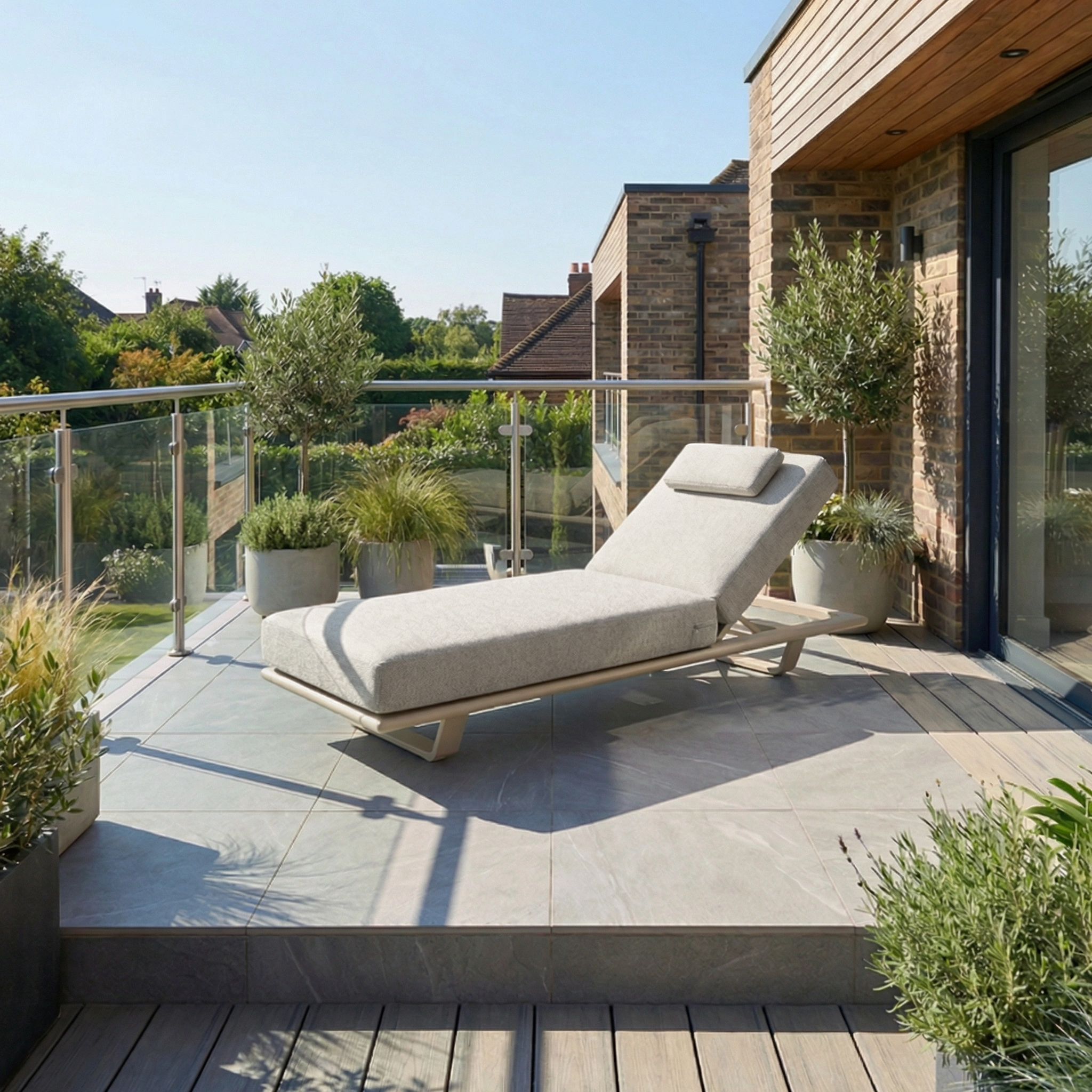 The Hatia Single Sun Lounger in Latte sits on a sunny terrace with potted plants and a glass railing overlooking greenery; this UV-resistant outdoor furniture blends comfort and style.