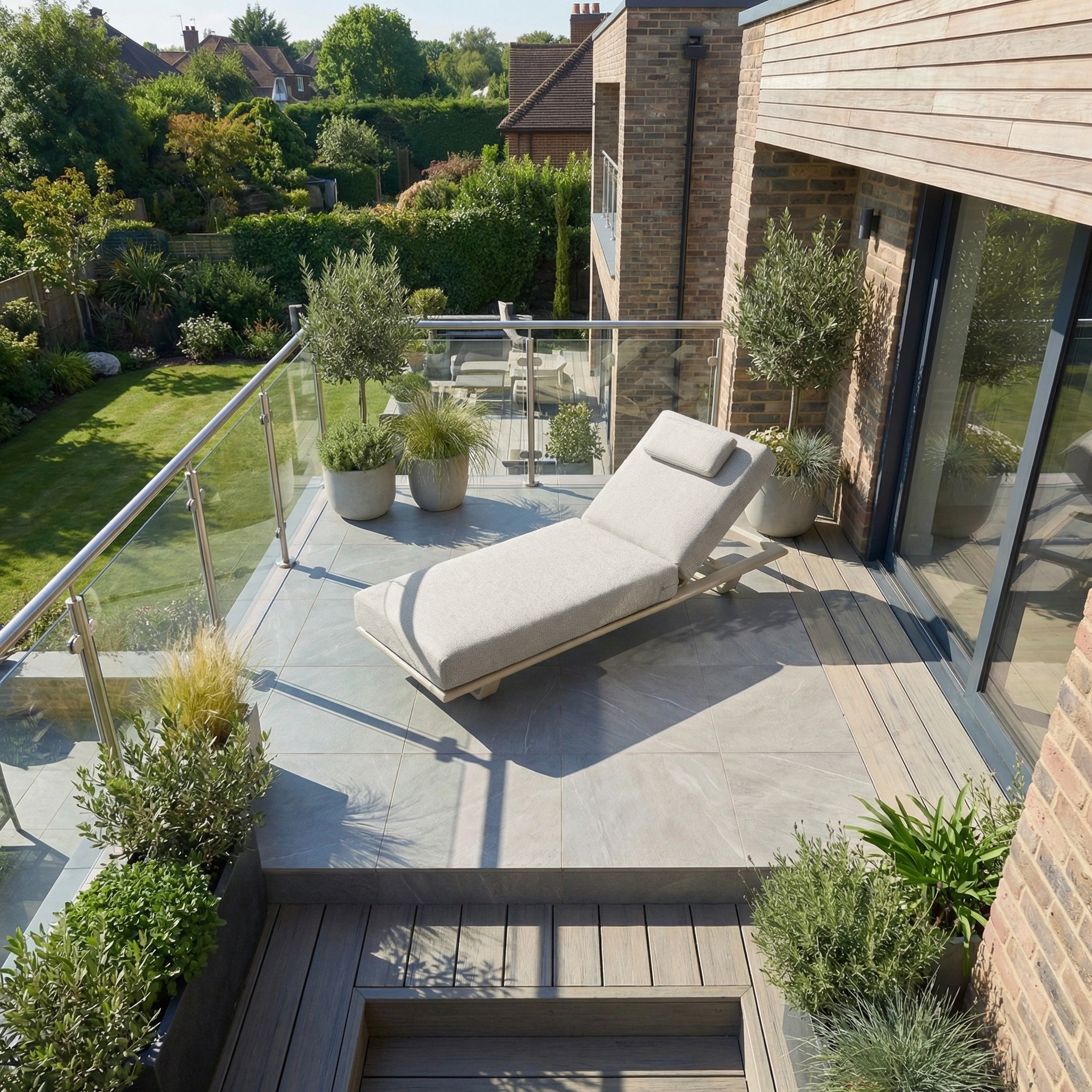 Modern balcony with glass railings, outdoor furniture including the Hatia Single Sun Lounger in Latte and potted plants, overlooking a green garden.