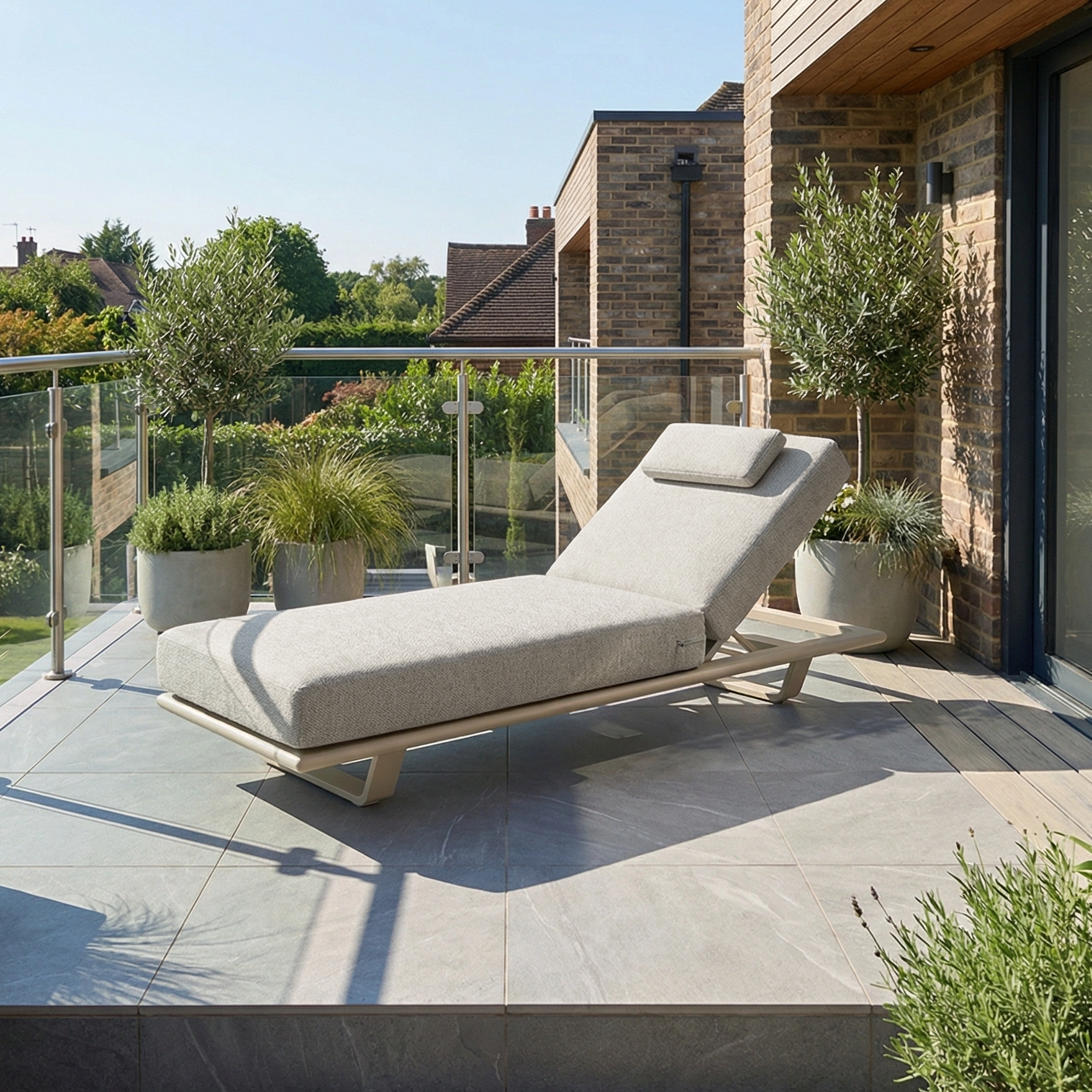 The Hatia Single Sun Lounger in Latte, featuring modern UV-resistant design, is placed on a sunny patio with potted plants and a glass railing.