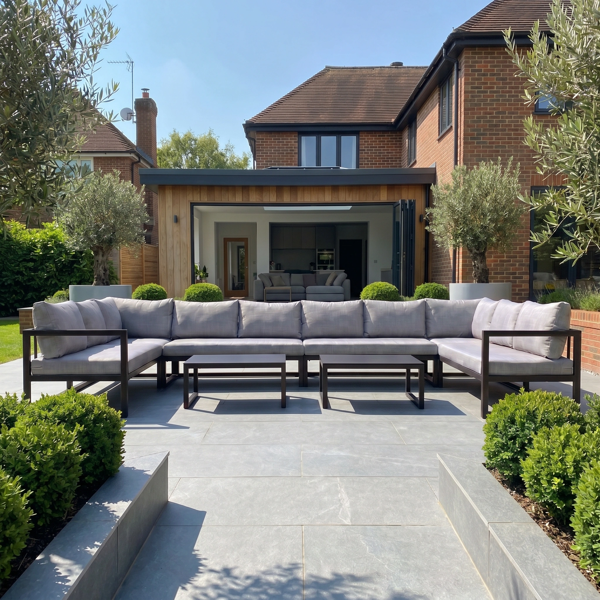 A Havana U-Shape Corner Group Set with Reclining Feature and Coffee Tables in Washed Grey sits on a modern patio by a contemporary brick house with open doors, creating the ideal spot for outdoor relaxation.