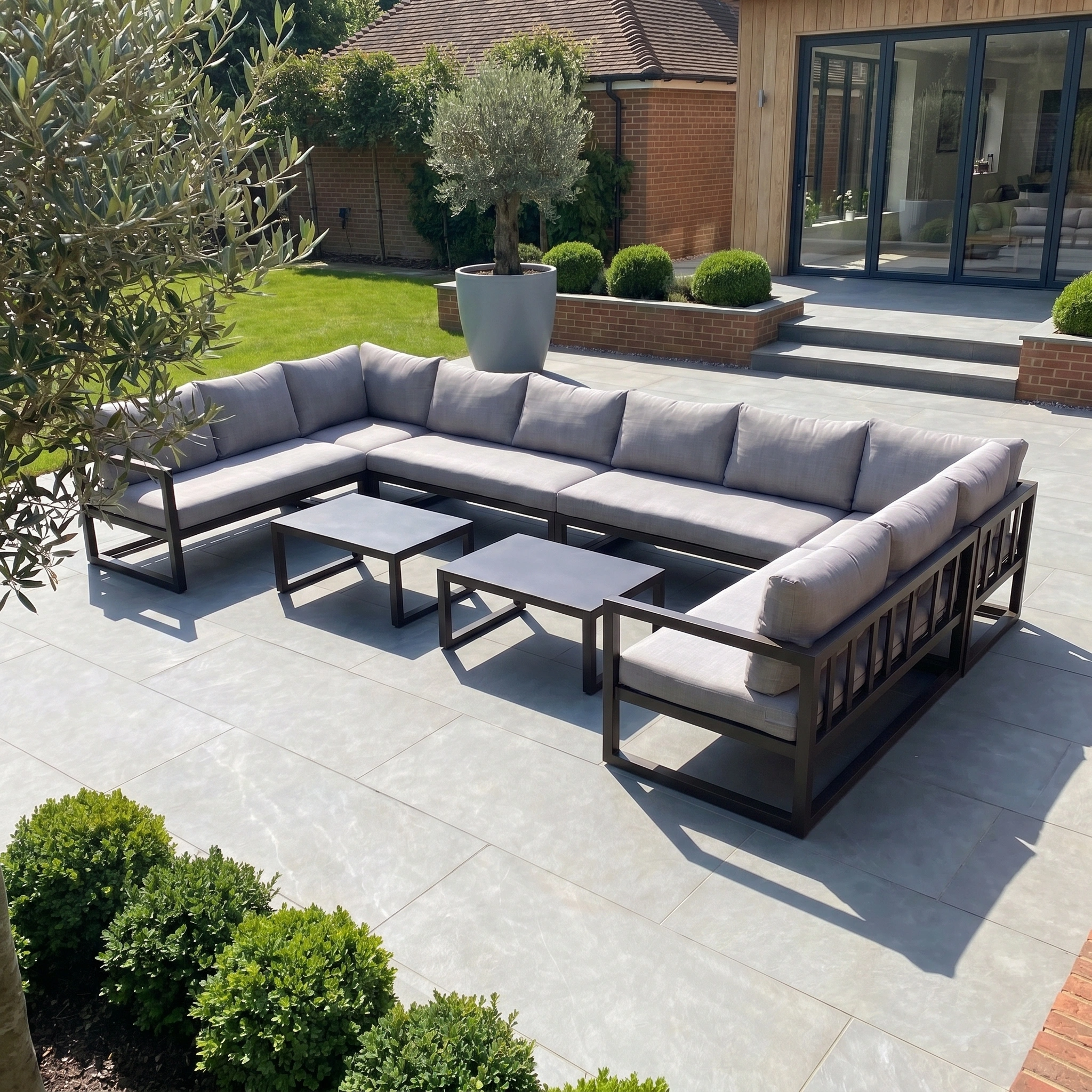 Relax in style with the Havana U-Shape Corner Group Set, featuring a reclining function and two coffee tables in washed grey—ideal for modern outdoor spaces and garden settings, offering weather-resistant comfort.