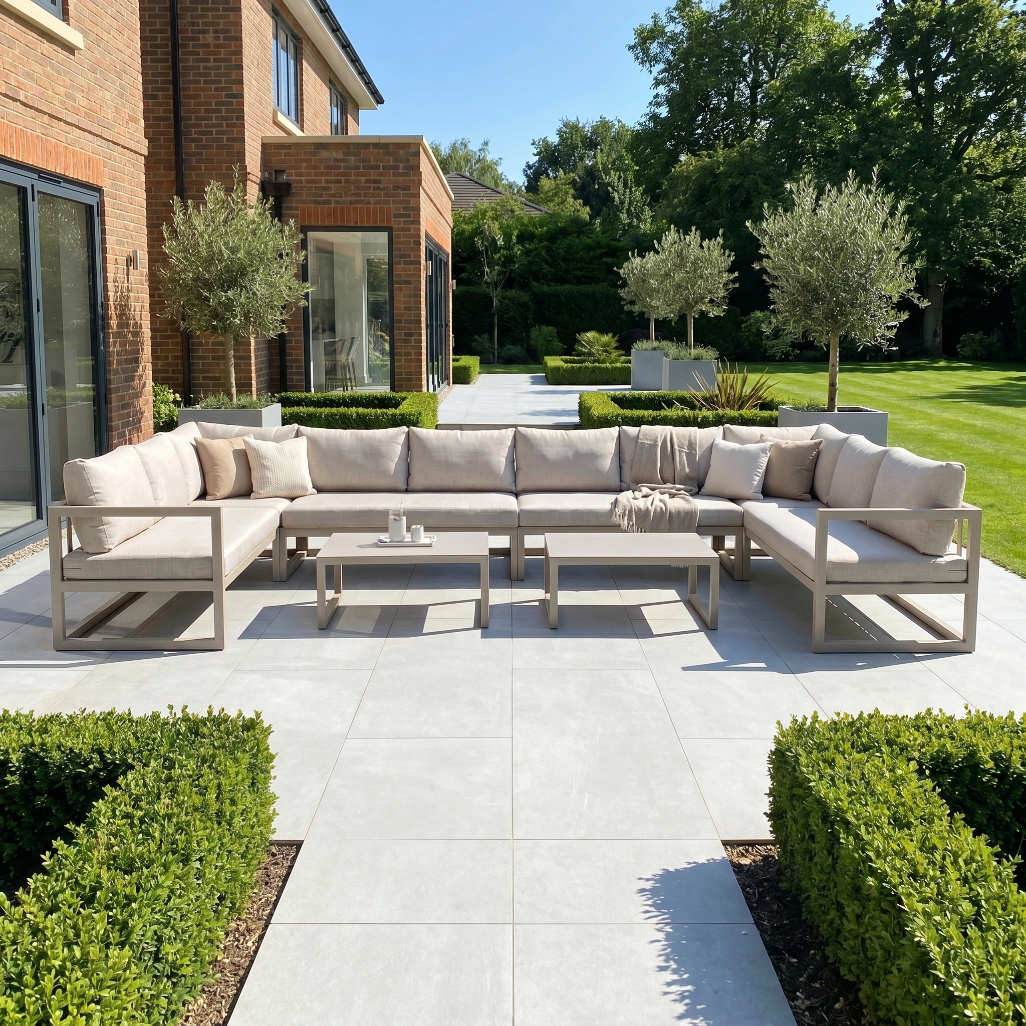 Modern outdoor patio featuring the Havana U-Shape Corner Group Set in Latte with reclining feature, UV-resistant cushions, and coffee tables, set against a lush green garden backdrop.