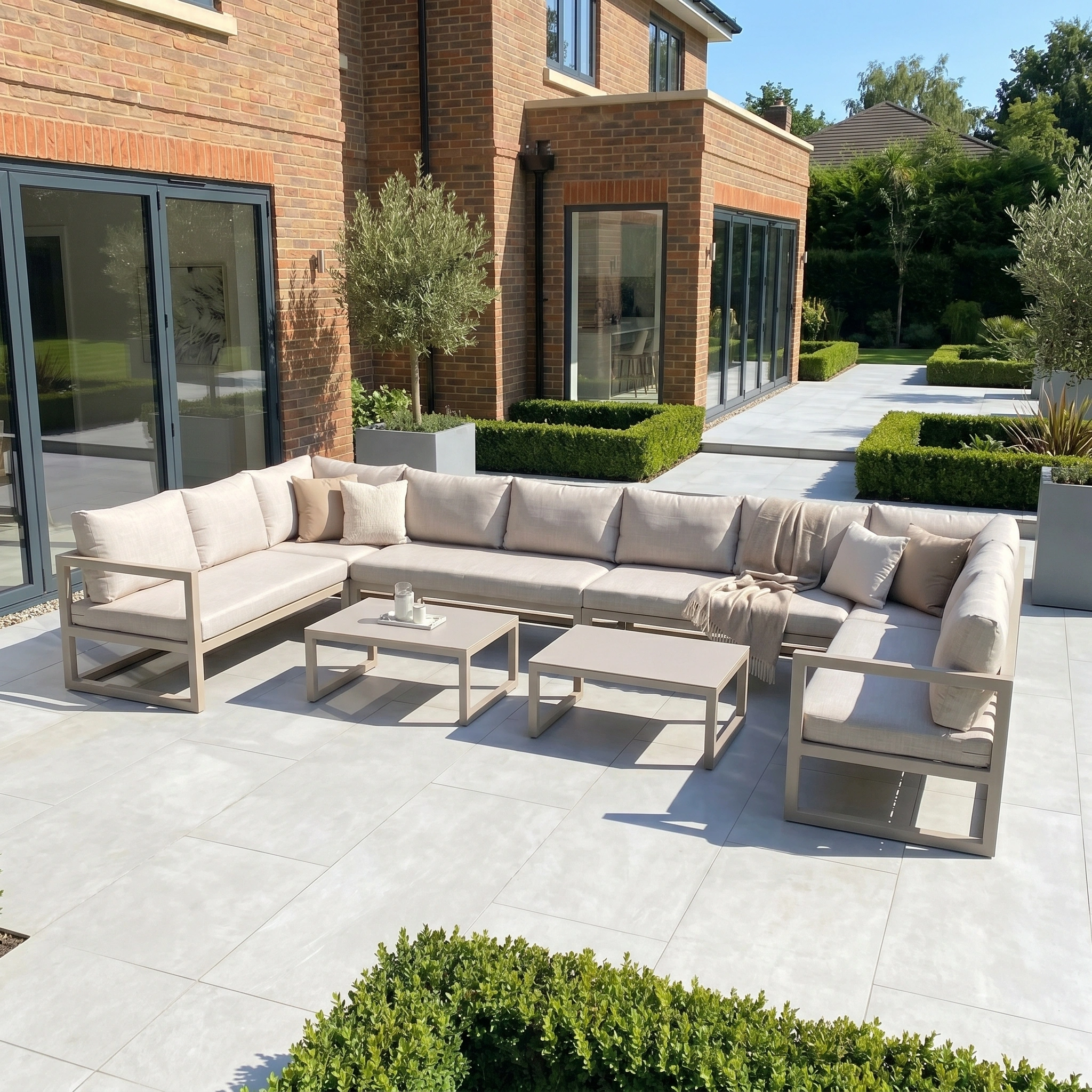 The Havana U-Shape Corner Group Set in Latte with reclining feature and coffee tables sits on a tiled patio beside a modern brick house and landscaped garden.