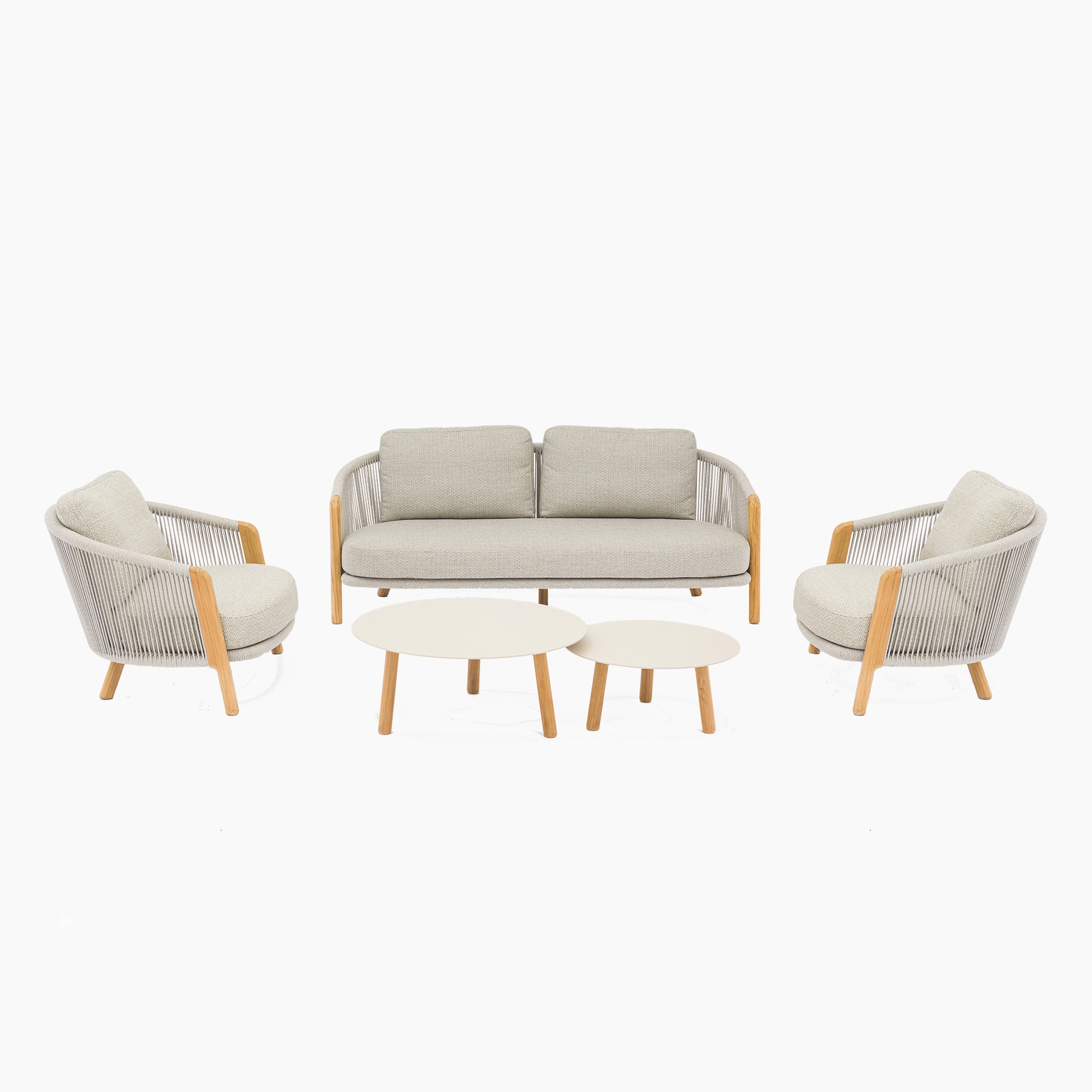 The Merano 2 Seat Sofa Set and Coffee Tables in Latte offers luxurious outdoor furniture, featuring a latte-colored sofa, two armchairs with wooden legs, and two round white coffee tables. This set is also crafted with a hydrophobic olefin rope weave for enhanced durability and elegance.