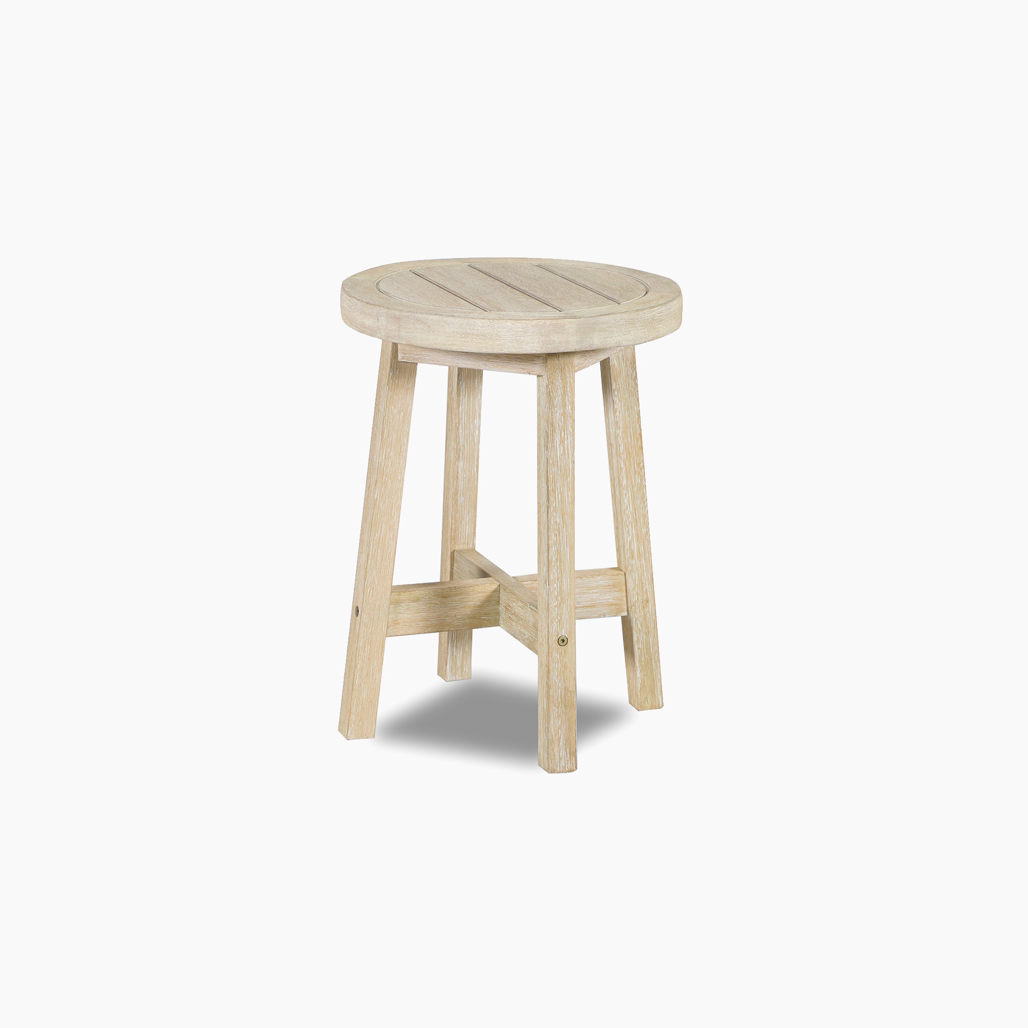 A light wooden round stool with four legs and a minimalist design on a white background—ideal for pairing with the Quay Lounge Set in Mocha or enhancing your outdoor patio furniture.