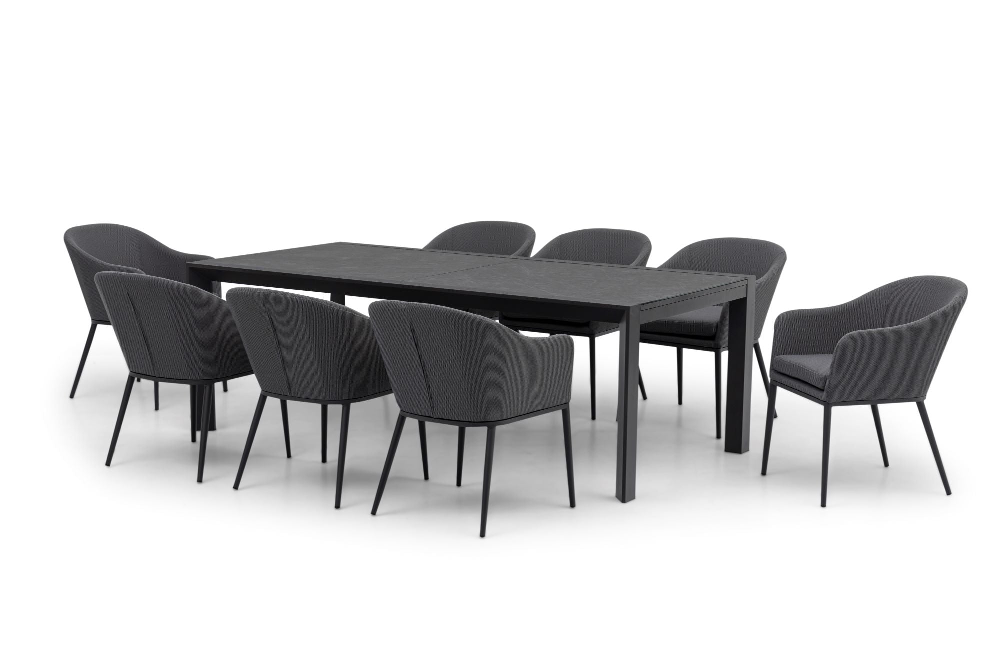 The Luna 8 Seat Outdoor Fabric Extending Ceramic Dining Set in Grey includes a rectangular dining table paired with eight matching grey upholstered chairs, all crafted with rust-proof materials for lasting durability.