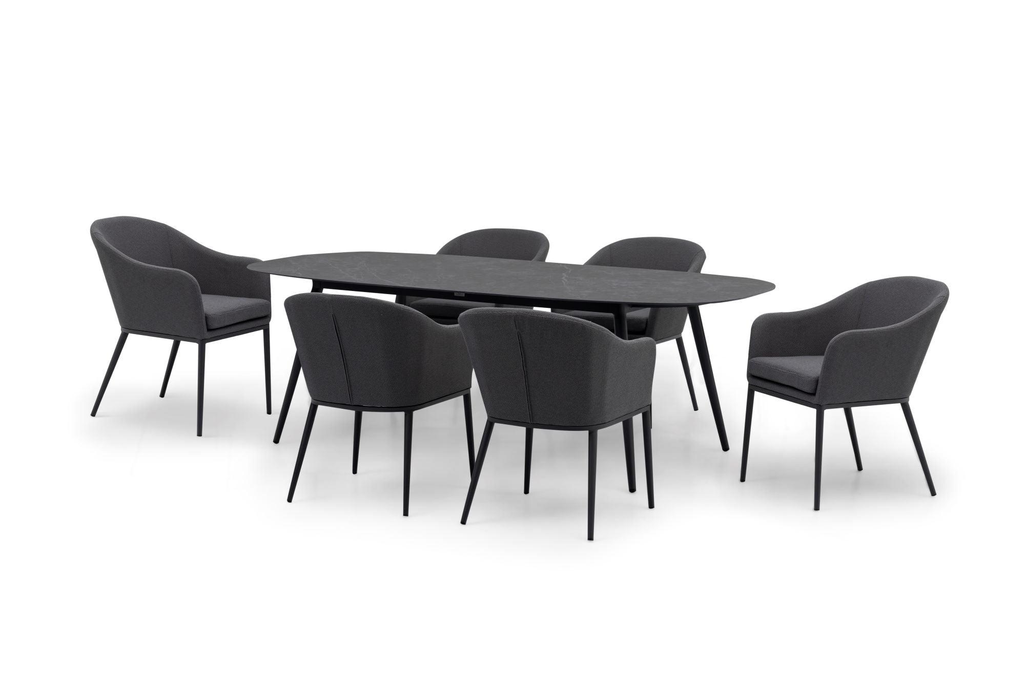Six cushioned chairs, upholstered in gray outdoor fabric, are arranged around a sleek and modern oval-shaped black ceramic table with slender legs on a white background. The Luna 6 Seat Outdoor Fabric Oval Ceramic Dining Set in Grey utilizes all-weather materials and durable outdoor fabric, making it ideal for both indoor elegance and outdoor resilience.