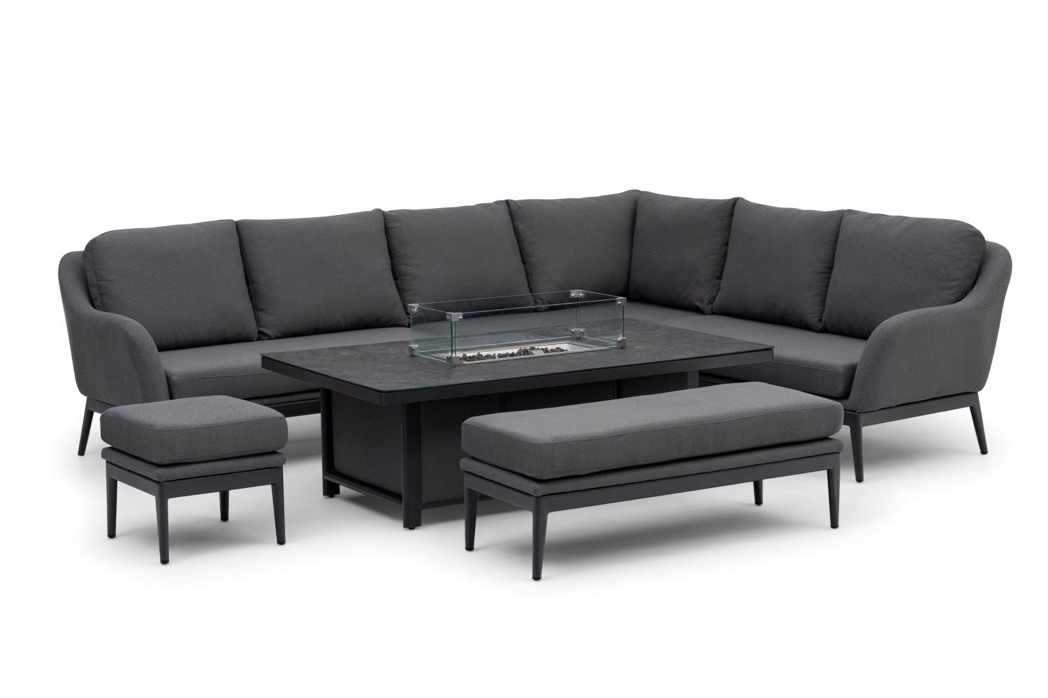 Luna Outdoor Fabric Rectangular Corner Dining Set with Rising Firepit Table in Grey (Right Hand)