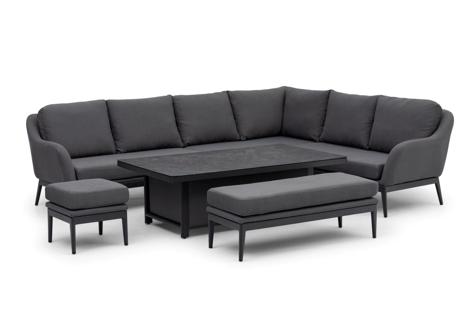 The Luna Outdoor Fabric Rectangular Corner Dining Set with Rising Table in Grey (Right Hand) from Harbour Lifestyle features a sectional sofa set crafted with high-quality Luna outdoor fabric, complete with a matching coffee table, ottoman, and bench.