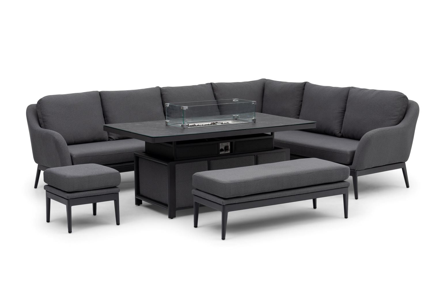 Luna Outdoor Fabric Rectangular Corner Dining Set with Rising Firepit Table in Grey (Right Hand)