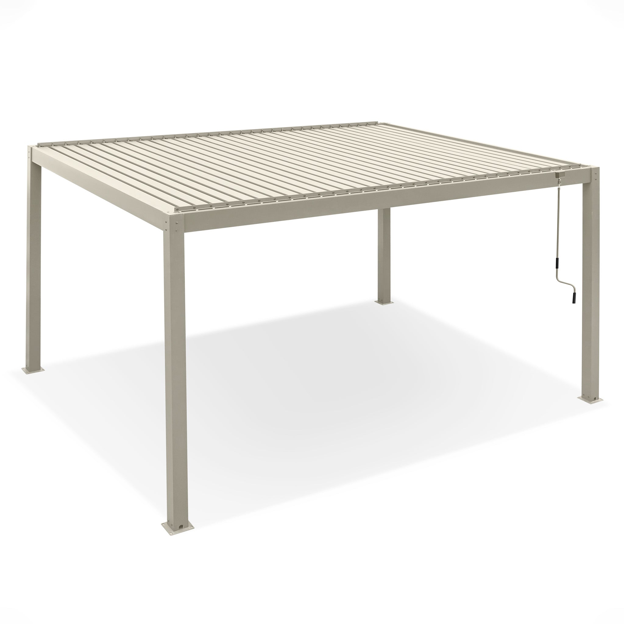 The PergoSTET Plus 4m x 4m Square Pergola with LED Lighting in Latte offers a modern touch to outdoor spaces with its freestanding frame and stylish design.