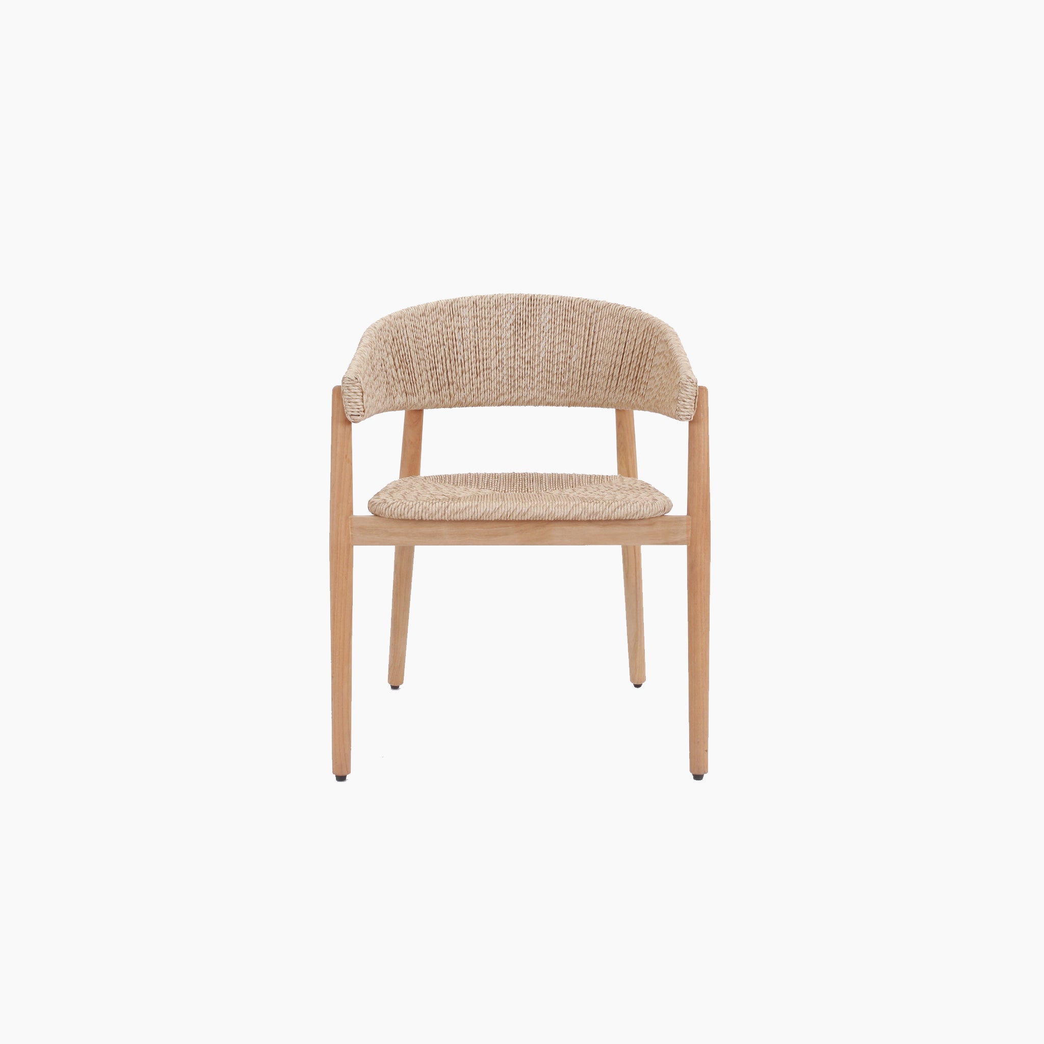 A wooden chair with a woven rattan backrest and seat, from the stylish Lucca 8 Seat Dining Set with Ceramic Top Table in Natural Weave, stands against a plain white background.