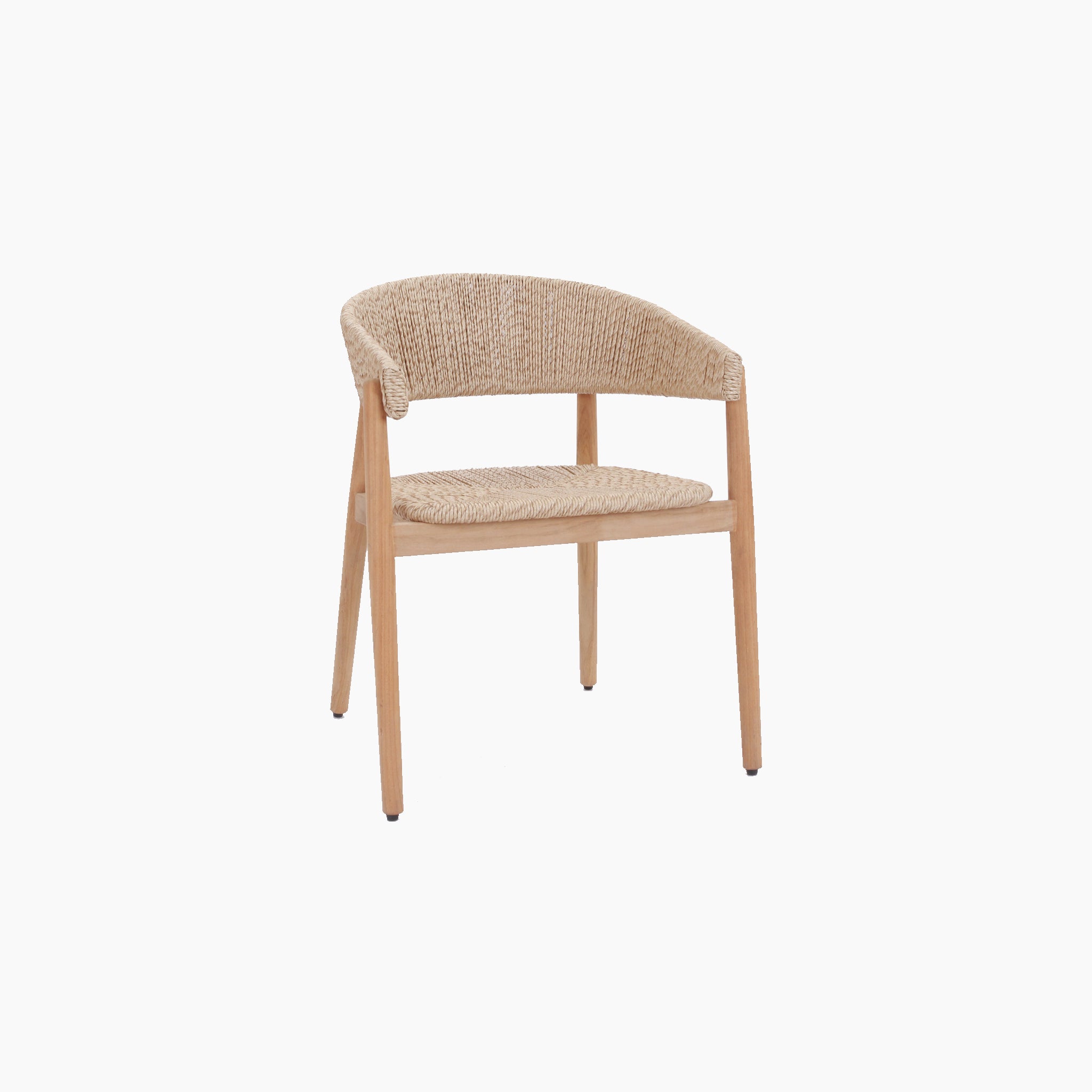 The Lucca 8 Seat Dining Set features a wooden chair with a woven design and four legs, paired with an elegant ceramic table. Ideal for outdoor dining on a serene white backdrop.