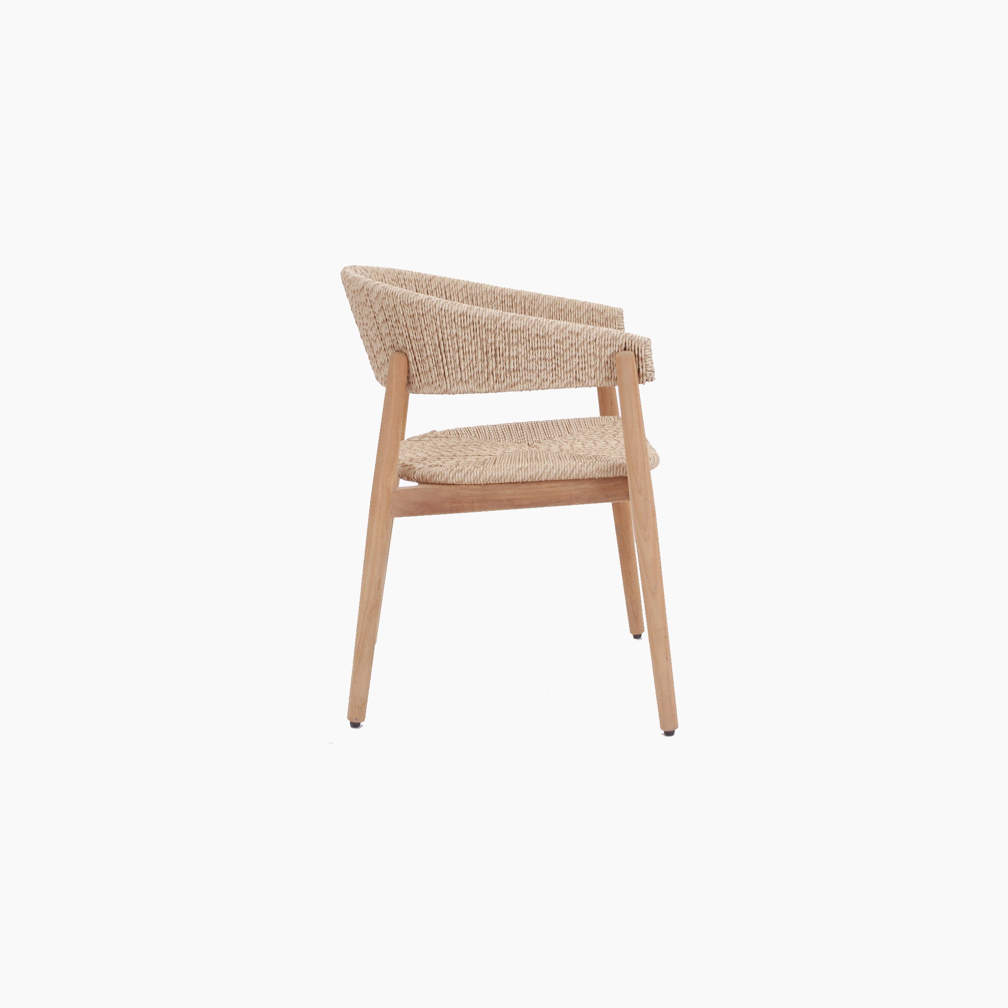 Side view of a wooden chair with a woven natural fiber backrest and seat, ideally complementing the Lucca 8 Seat Dining Set with Ceramic Top Table in Natural Weave, on a white background.