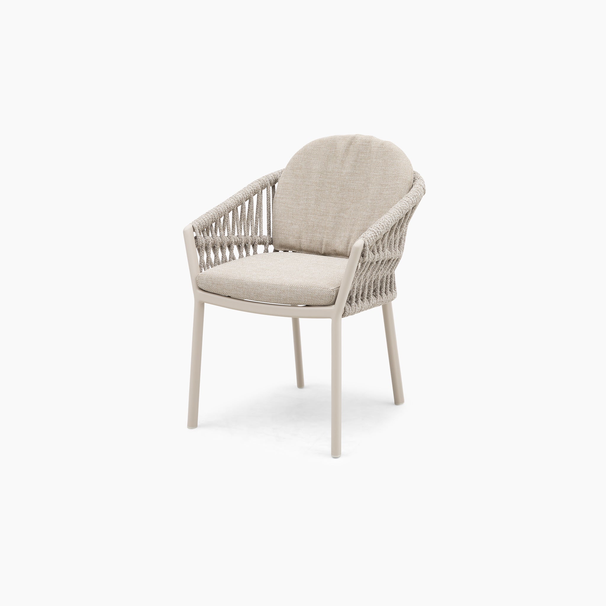 Set of four Pello Dining Chairs in Fawn, featuring a beige cushion, woven sides, and a rounded backrest on slender legs, displayed against a white background.
