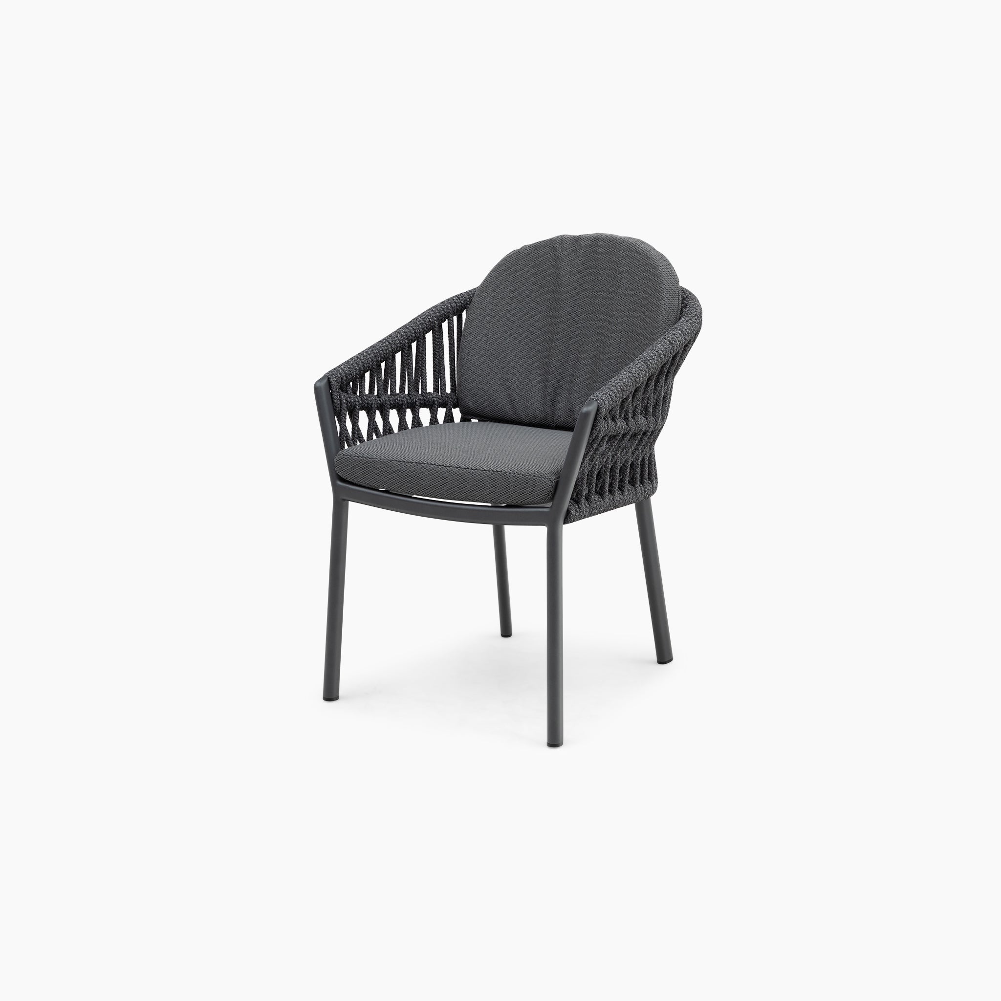 The Pello Dining Chair in Charcoal (set of 4) features woven sides and a cushioned seat, shown against a white background.