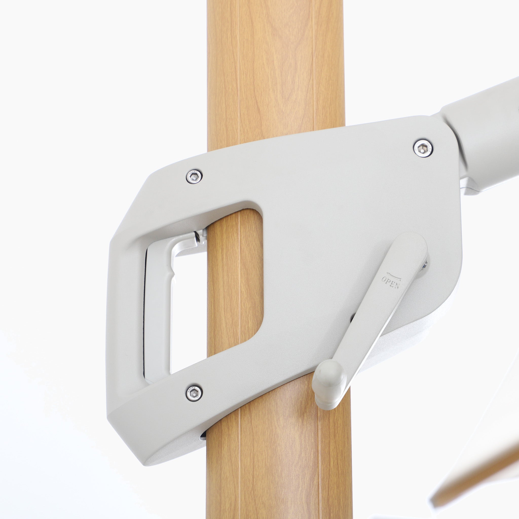 Close-up of the Volos 3m x 4m Rectangular Cantilever Parasol in Wheat with LED lighting and wood-effect handle, shown attached to a light wooden pole and secured by a 120kg granite base.