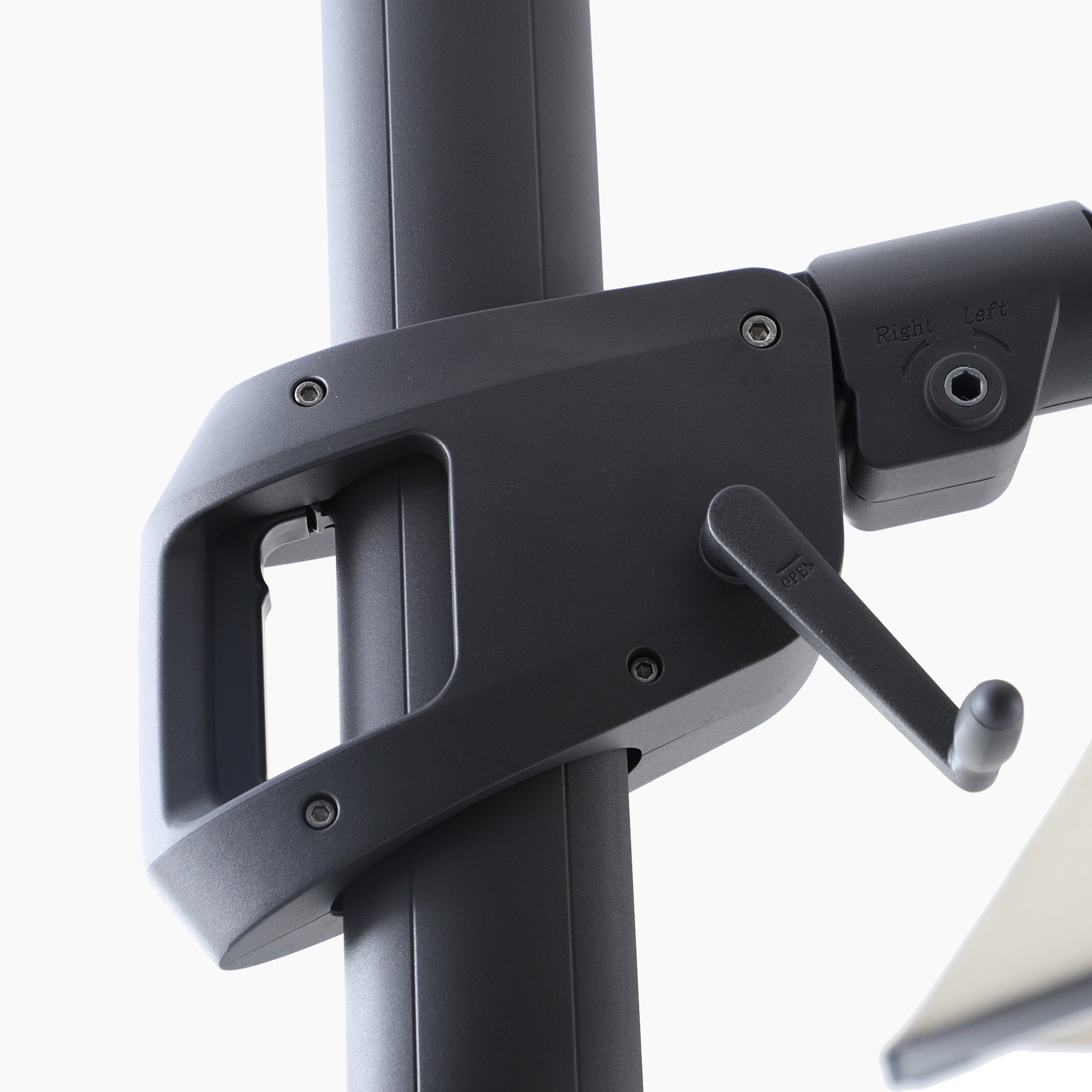Close-up of the black crank handle on the Volos 3m x 3m Square Cantilever Parasol with LED Lighting and 120kg Granite Base in Wheat, attached to its vertical aluminium pole against a white background.