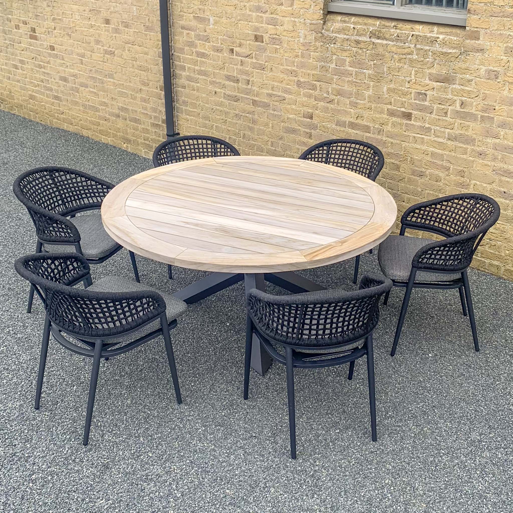 Kalama 6 Seat Round Dining Set with Teak Table Top in Black (Ex Display)