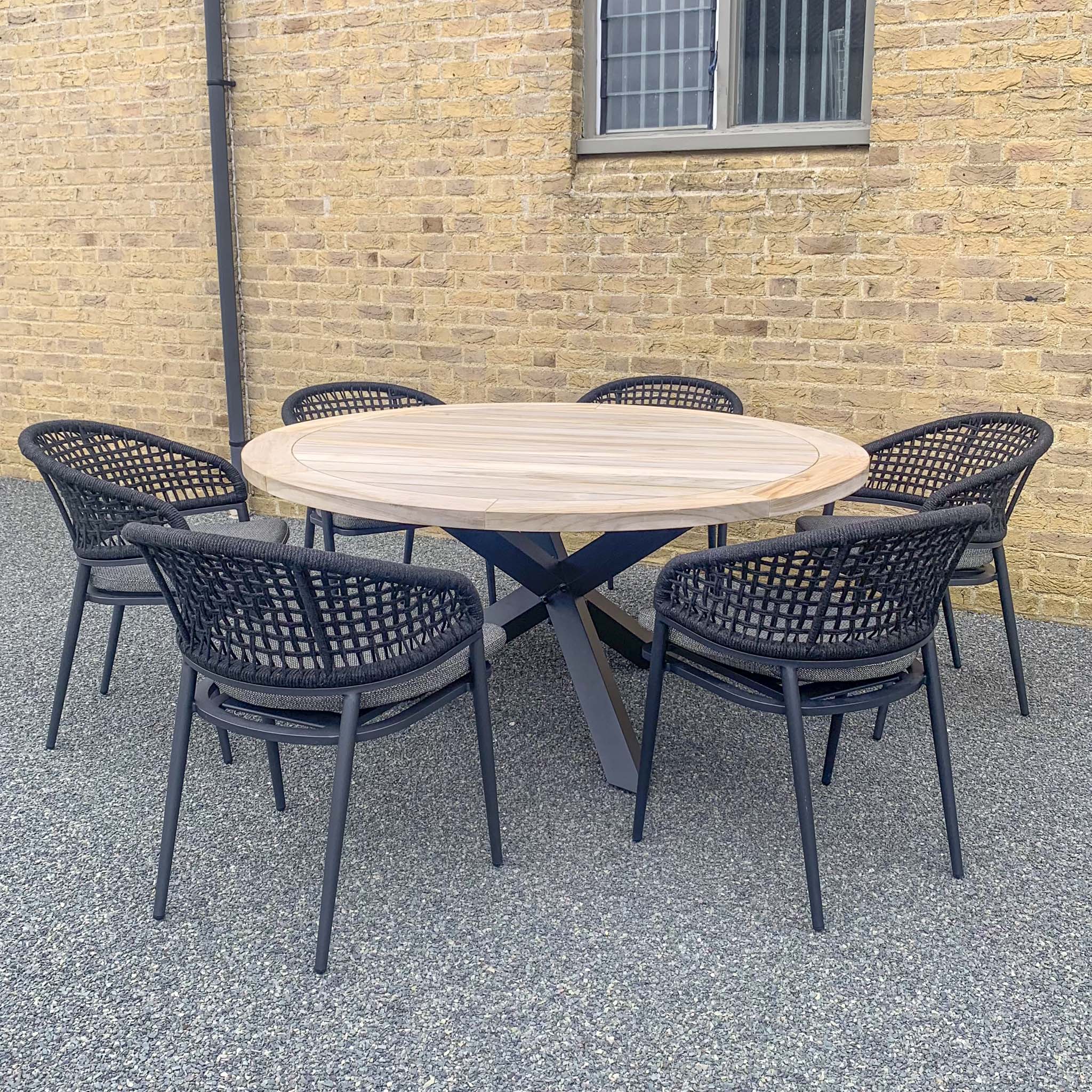 Kalama 6 Seat Round Dining Set with Teak Table Top in Black (Ex Display)
