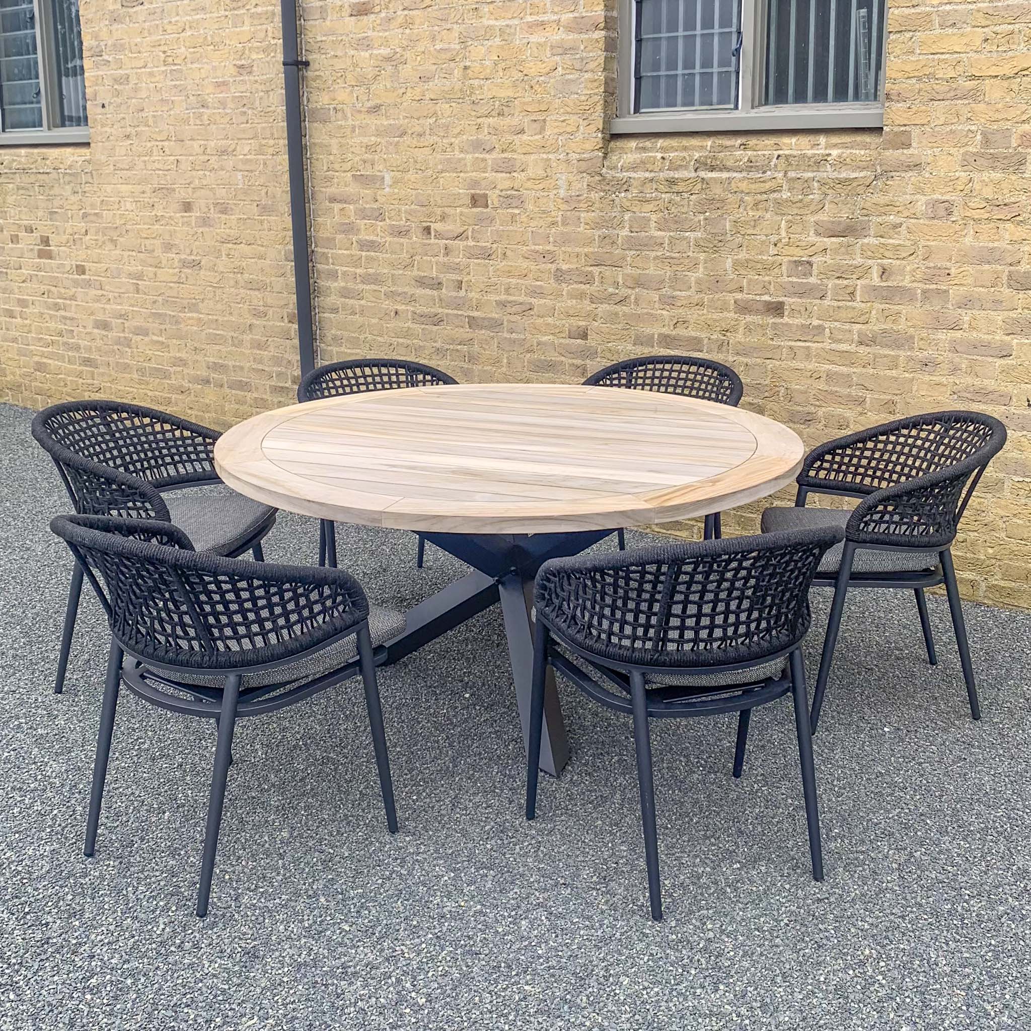 Kalama 6 Seat Round Dining Set with Teak Table Top in Black (Ex Display)