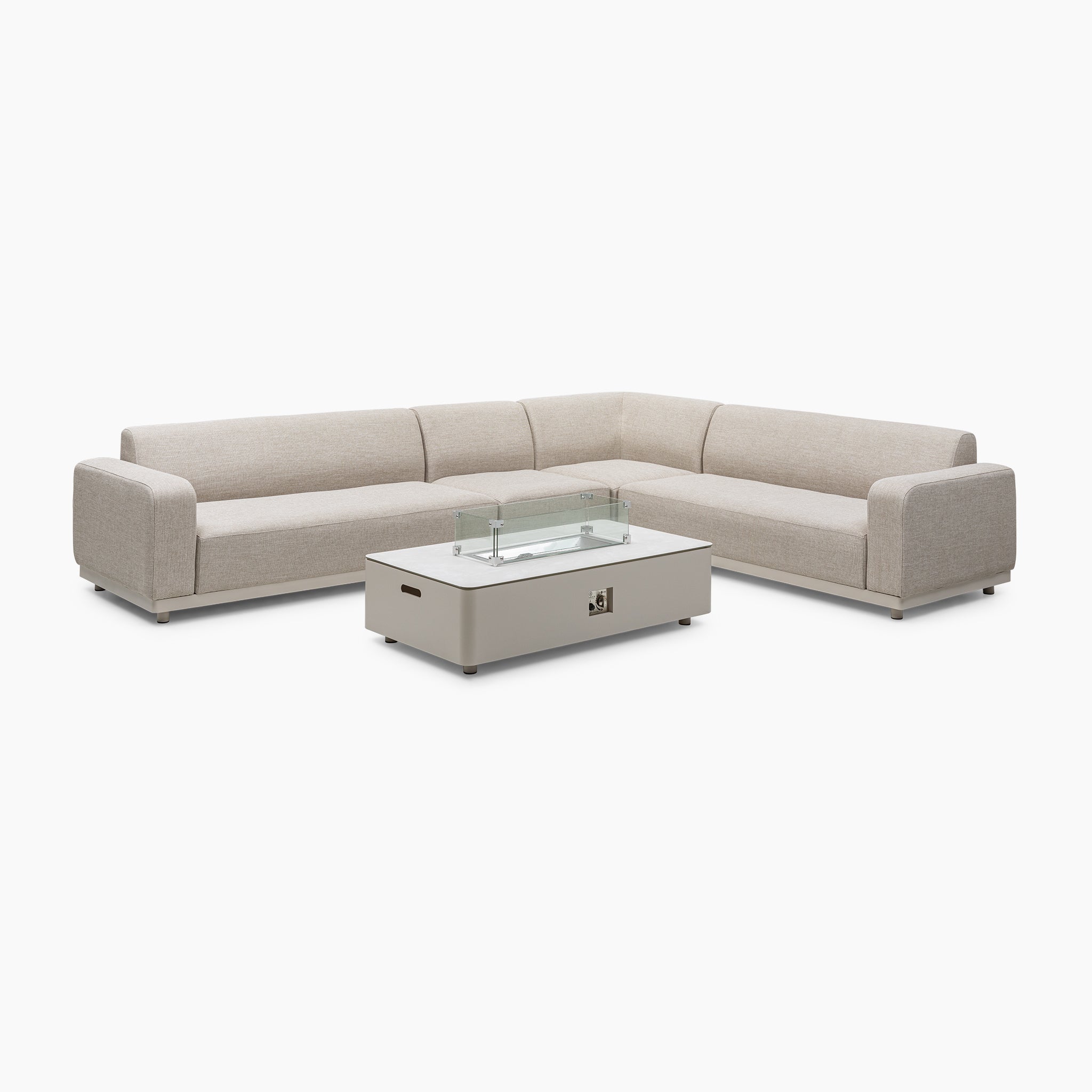 A Luna Outdoor Fabric Large Corner Group Set in Fawn, featuring a light gray sectional sofa and a matching firepit coffee table, made from stain-proof materials, is set against a plain white background.