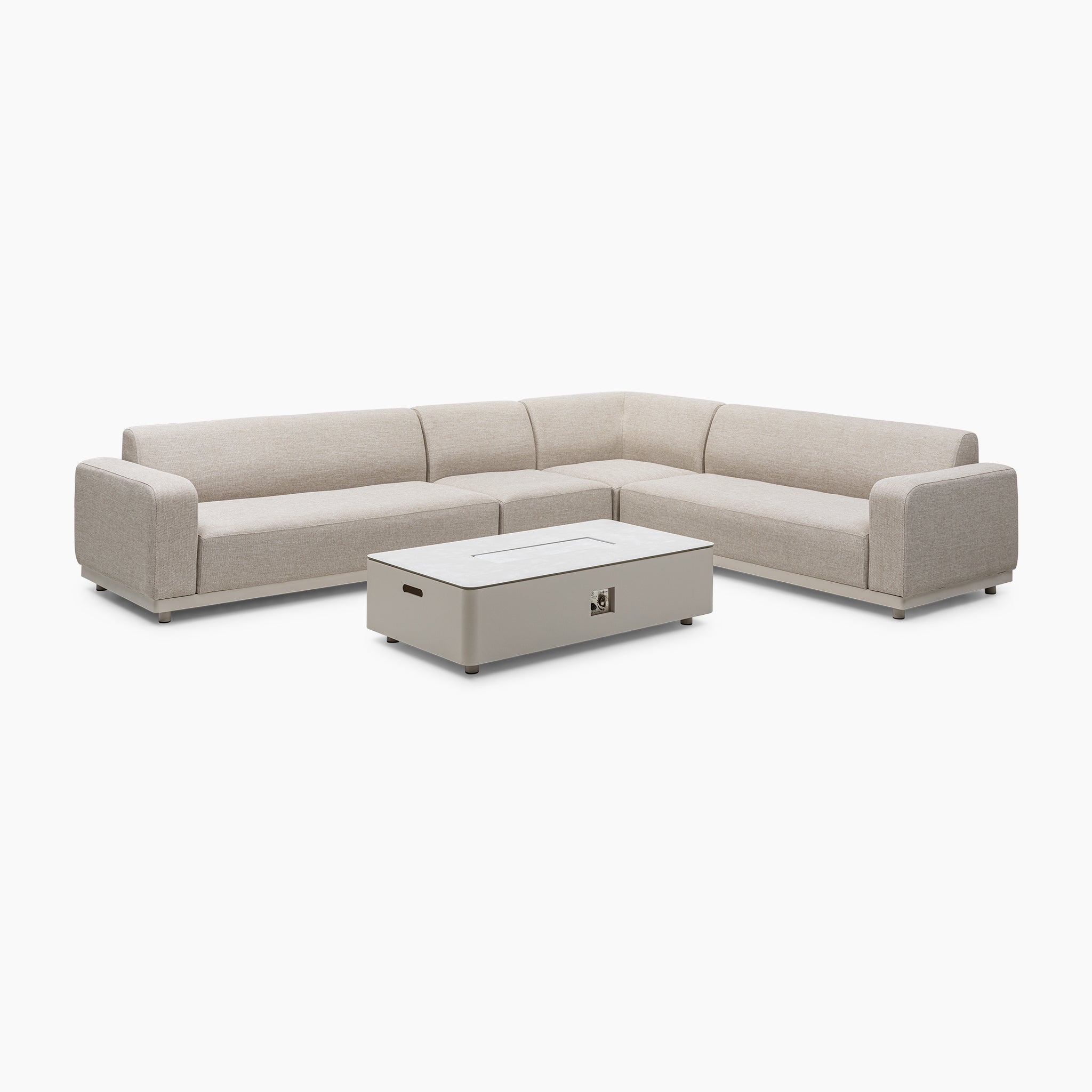 The Luna Outdoor Fabric Large Corner Group Set with Firepit Coffee Table in Fawn, featuring stain-proof fabric and an L-shaped design, pairs elegantly on a white background.