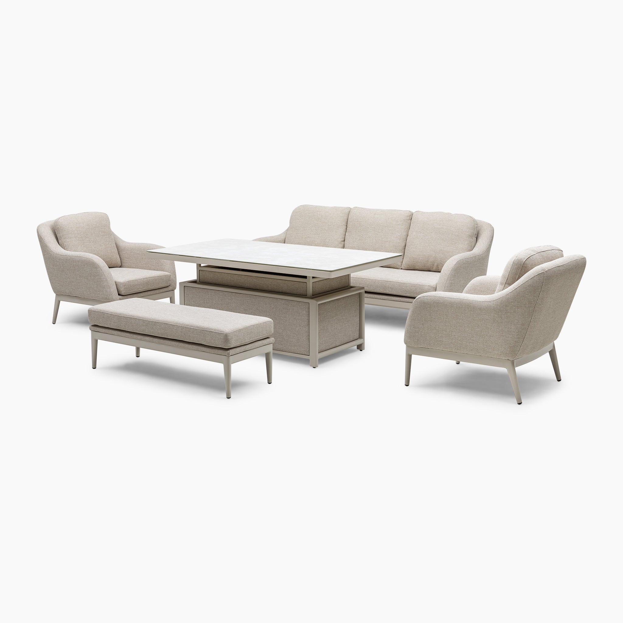 Luna 3 Seat Outdoor Fabric Sofa Set with Rising Table in Fawn, showcasing a sofa, two armchairs, a bench, and a rectangular table made from all-weather, maintenance-free materials.