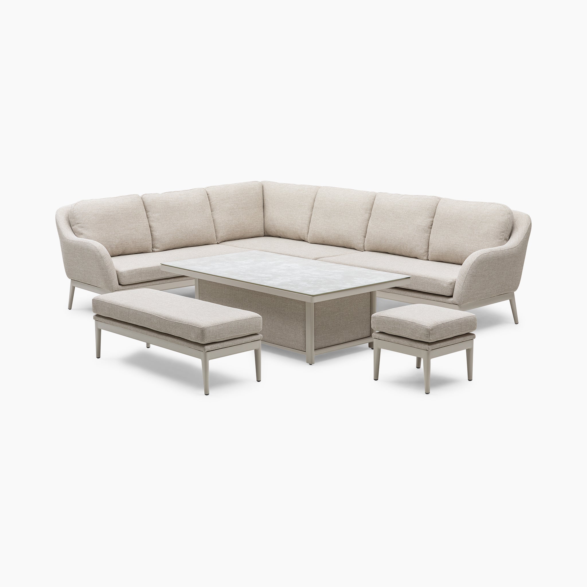 Luna Outdoor Fabric Rectangular Corner Dining Set in Fawn (Left Hand) featuring an L-shaped sectional sofa with stain-proof outdoor fabric, and includes a matching rising table, bench, and ottoman.