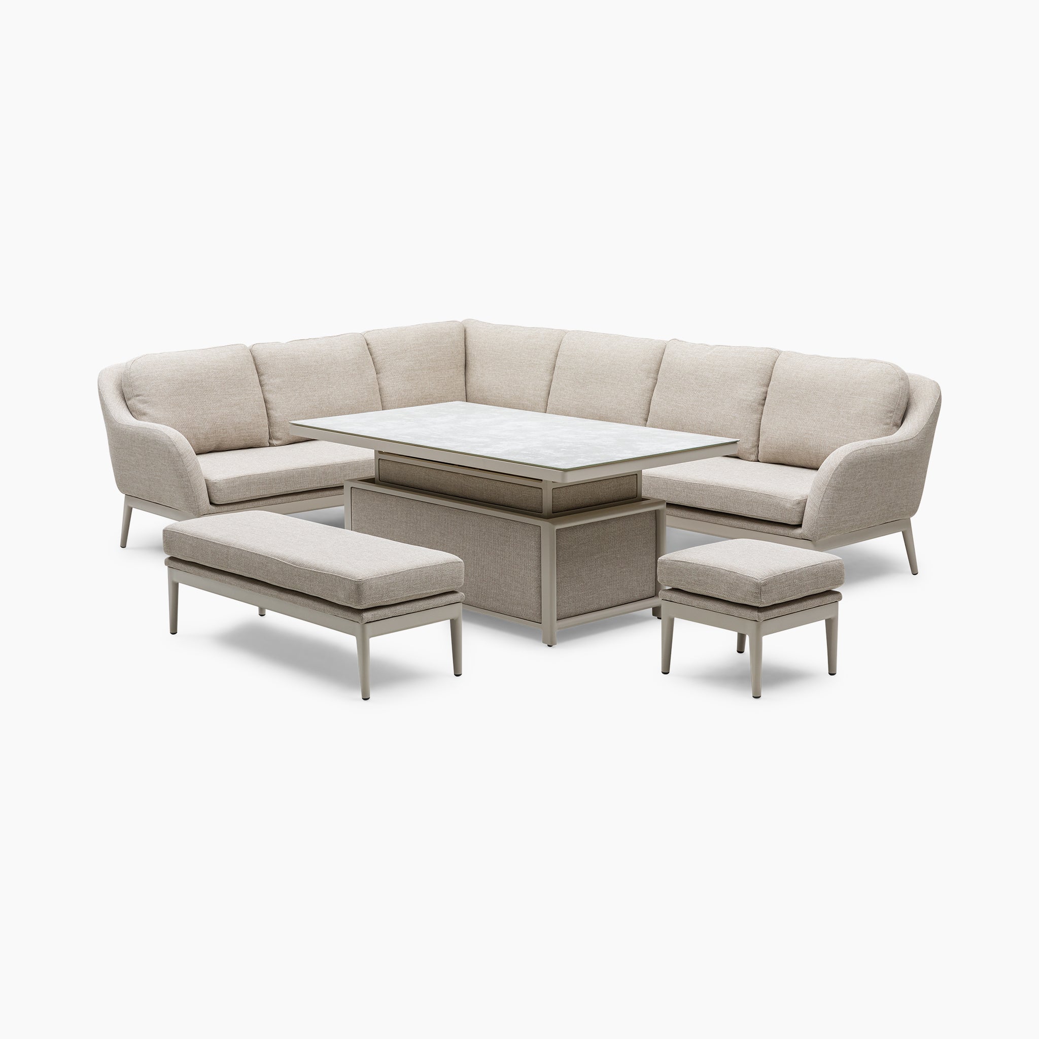 Luna Outdoor Fabric Rectangular Corner Dining Set with Rising Table in Fawn, featuring a beige sectional sofa paired with a matching square table, bench, and ottoman crafted from maintenance-free outdoor fabric on a white background.