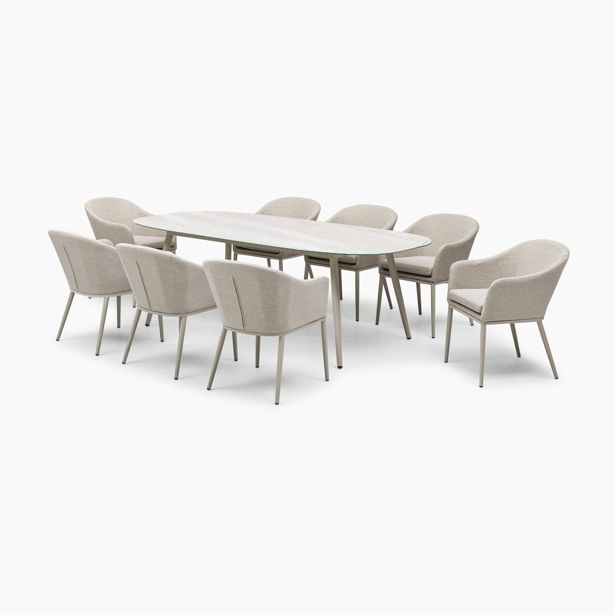 The Luna 8 Seat Outdoor Fabric Oval Ceramic Dining Set in Fawn features an elegant oval table and eight matching, stain-proof chairs—perfect for stylish, worry-free outdoor dining.