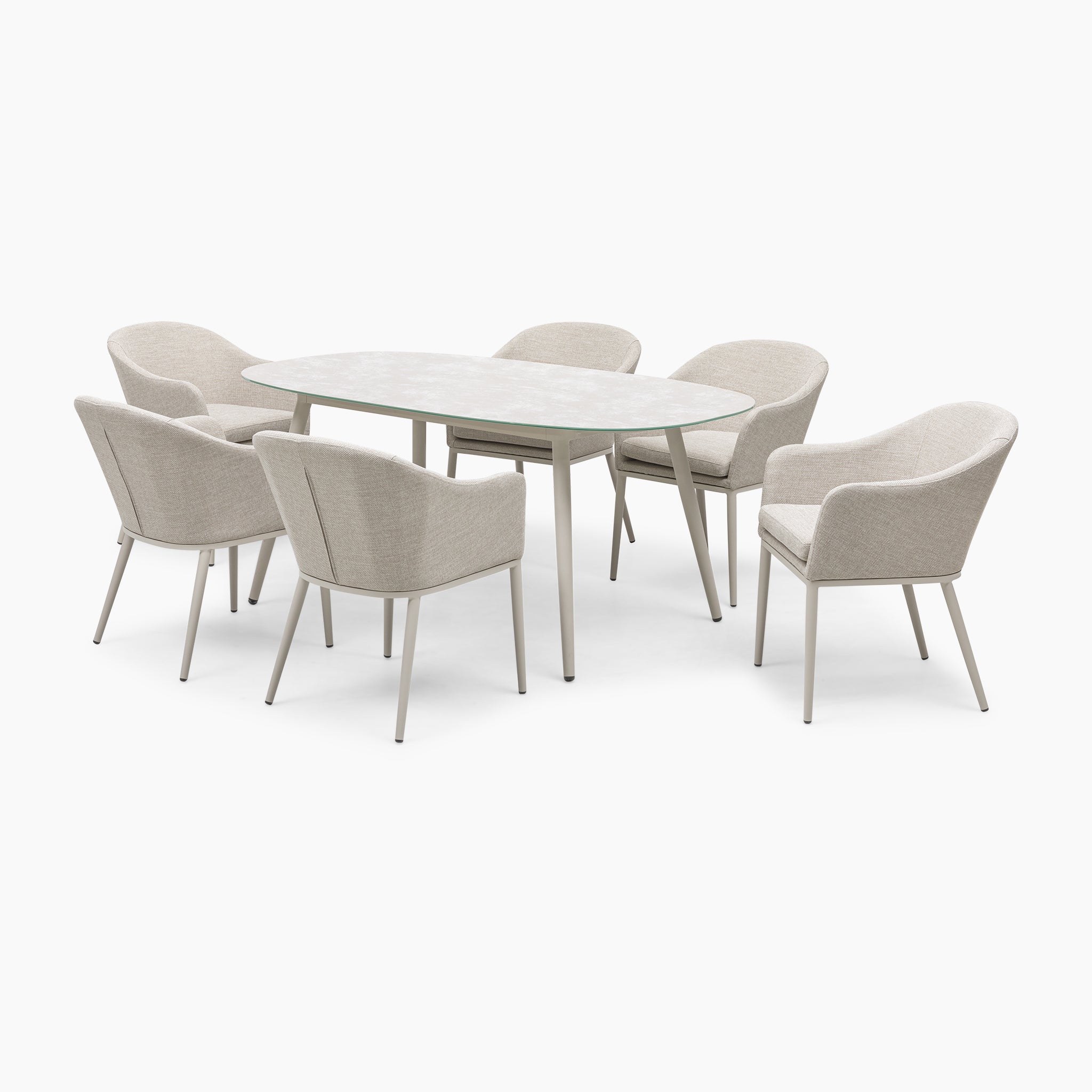 The Luna 6 Seat Outdoor Fabric Oval Ceramic Dining Set in Fawn features an oval table and six cushioned, light beige chairs on metal legs, upholstered in durable, all-weather Luna outdoor fabric.
