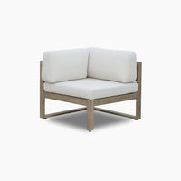 Modern wooden corner chair with white cushions, featured as part of the Andora Corner Sofa Set with Coffee Table/Footstool in Weathered Brown—ideal for enhancing your modular garden furniture collection.
