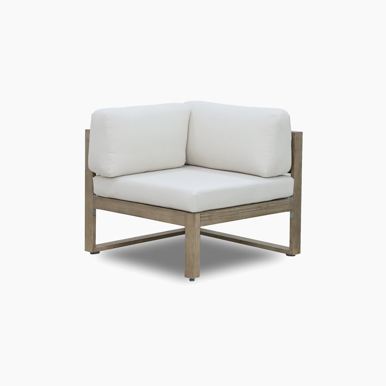 Modern wooden corner chair with white cushions, featured as part of the Andora Corner Sofa Set with Coffee Table/Footstool in Weathered Brown—ideal for enhancing your modular garden furniture collection.