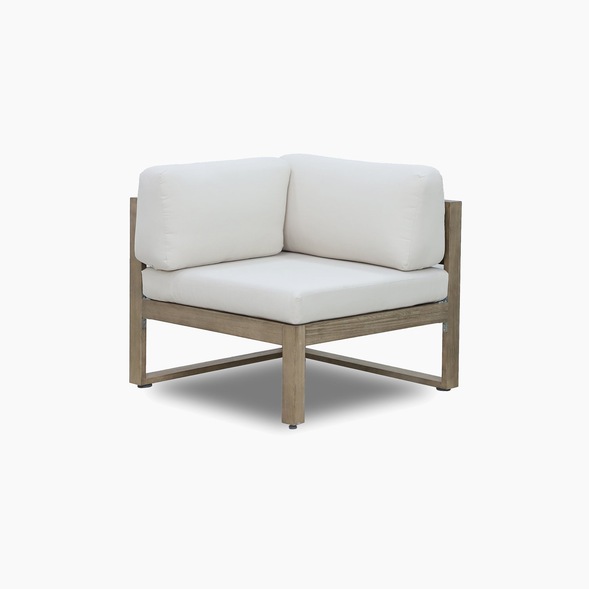 The Andora U Shape Corner Sofa Set with 2 in 1 Table in Weathered Brown features white cushions and a minimalist design, perfect for complementing teak garden furniture and enhancing any modern outdoor space.