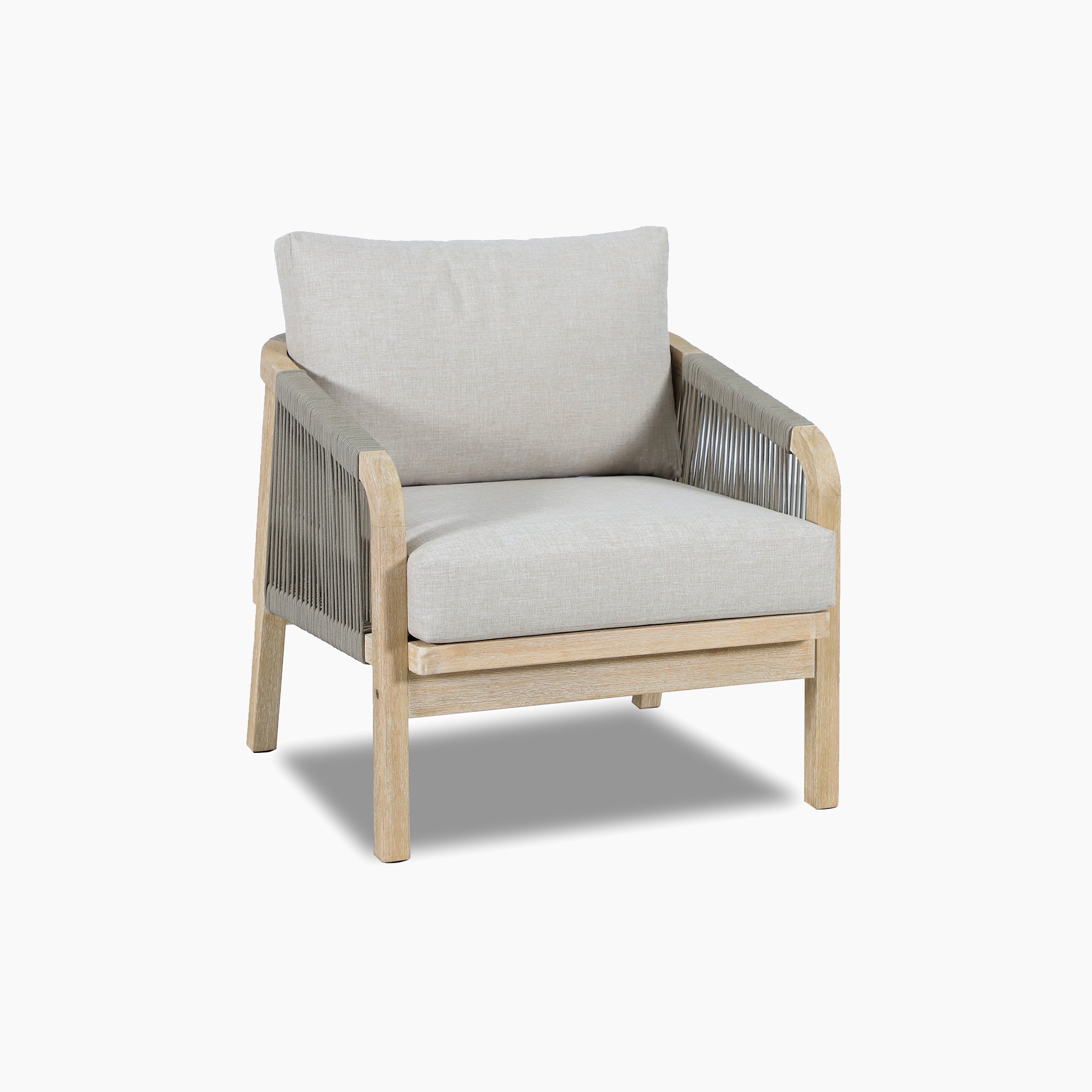 Mocha cushioned armchair with wooden frame and rope sides from the Quay Lounge Set in Mocha—an elegant patio furniture piece, shown on a white background.