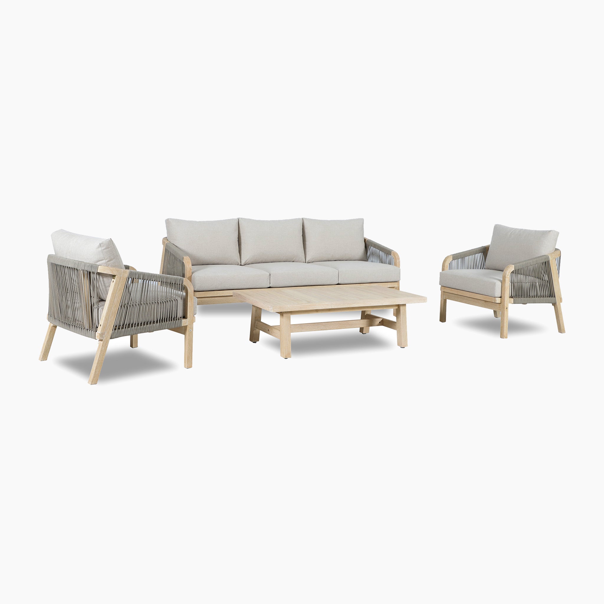 The Quay 3 Seat Sofa Set in Mocha features a spacious sofa, two armchairs, and a coffee table—ideal outdoor furniture for relaxing on your patio or garden.